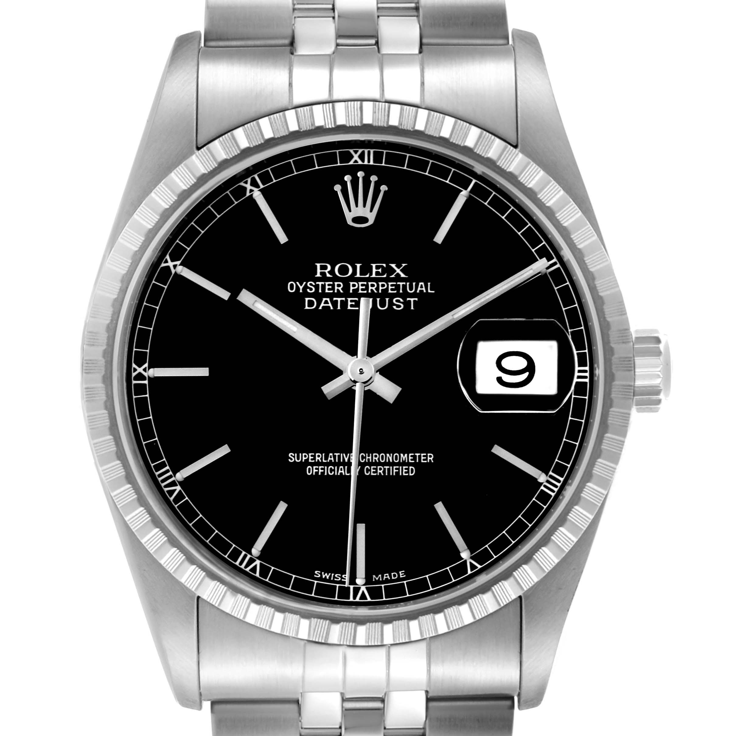 The Rolex Datejust 16220 Men's Stainless Steel Black Dial 16220 Men's Stainless Steel Black Dial watch is shown from the front, highlighting the dial, bezel, hands, bracelet, and date feature.