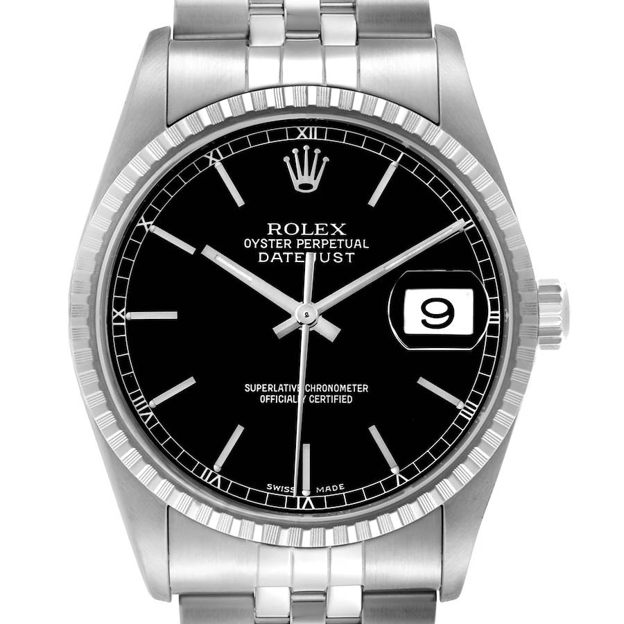 The Rolex Datejust watch is shown from the front, highlighting the dial, bezel, hands, bracelet, and date feature.