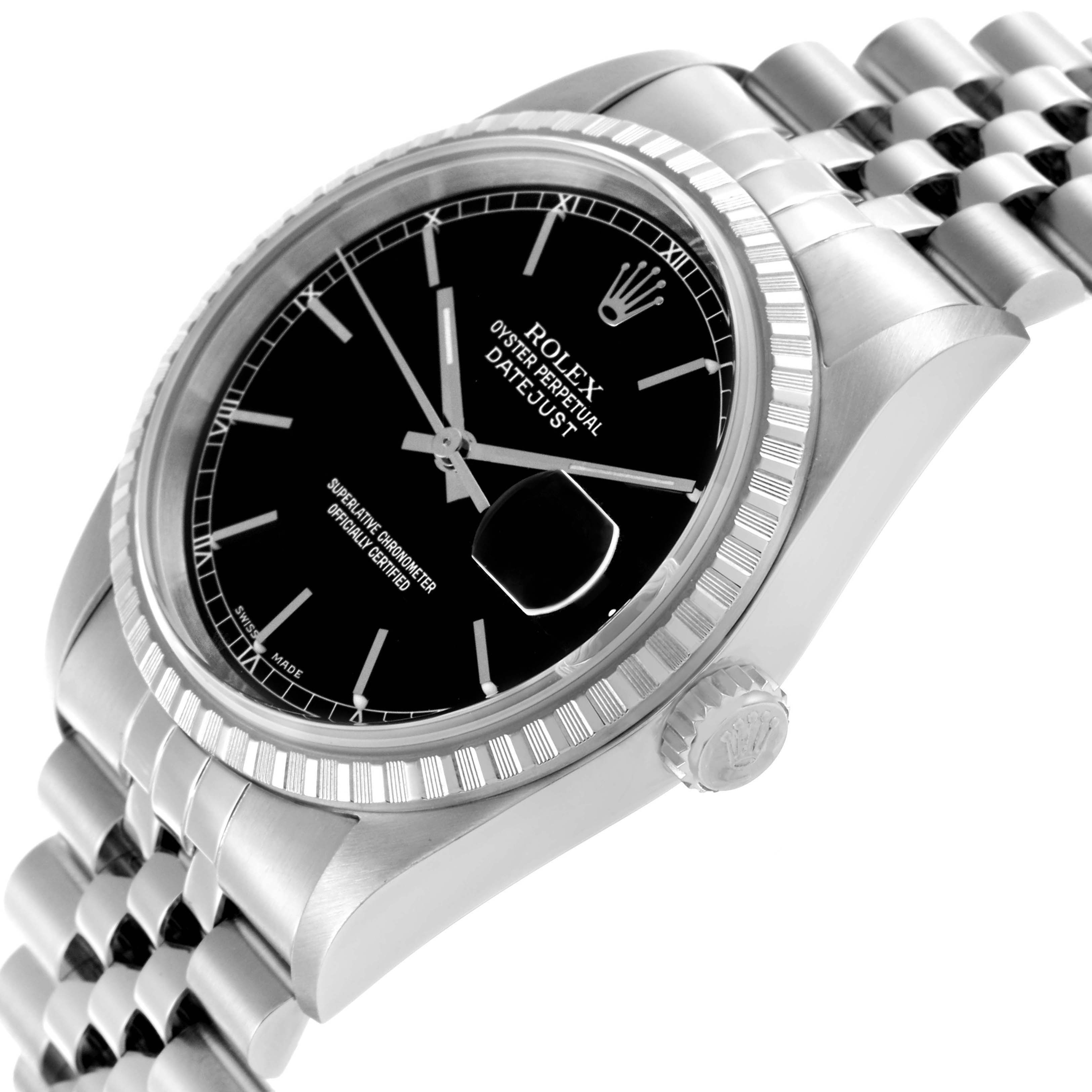 The Rolex Datejust 16220 Men's Stainless Steel Black Dial 16220 Men's Stainless Steel Black Dial watch is captured at a side angle, displaying the bezel, crown, and part of the Jubilee bracelet.