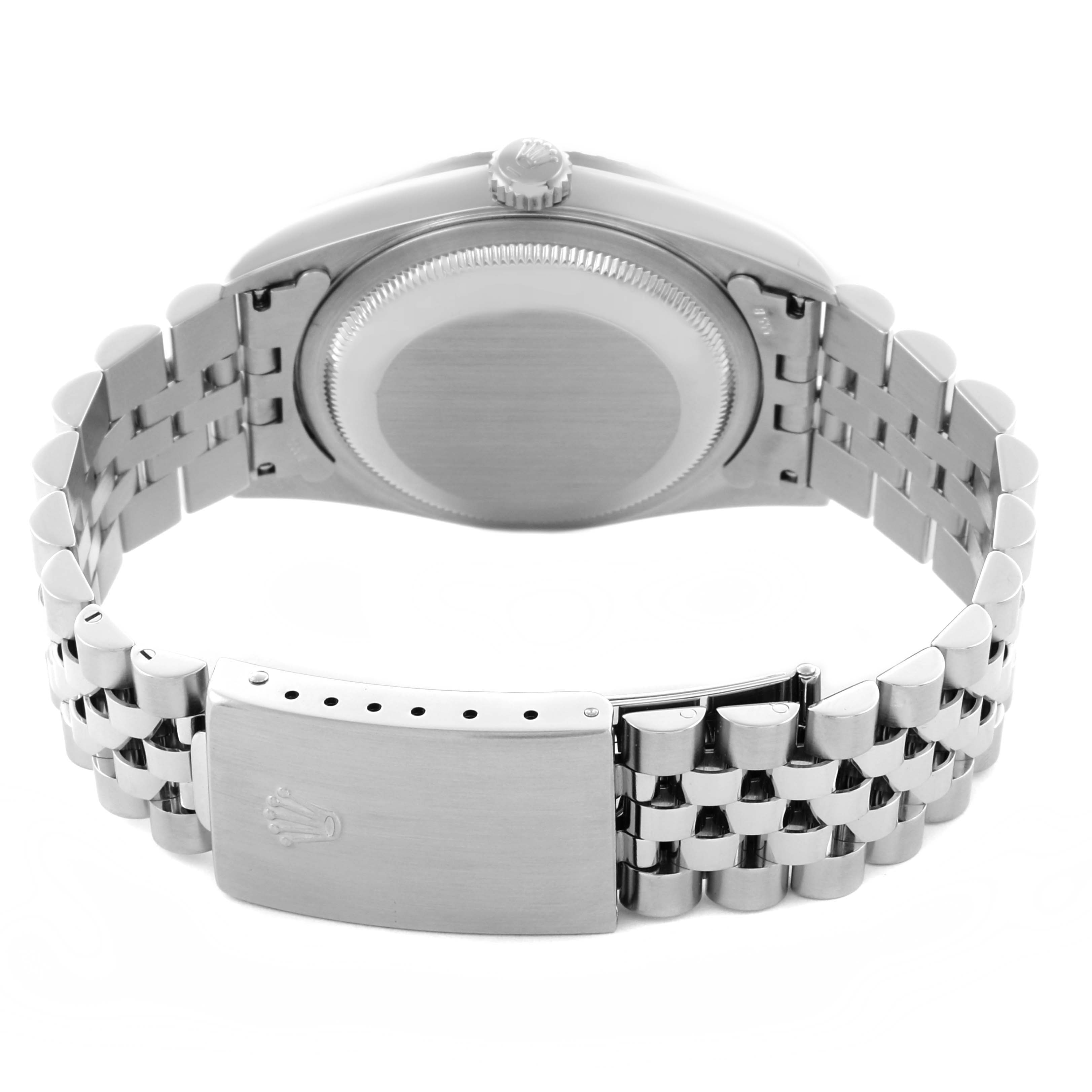 The image shows the back view of a Rolex Datejust 16220 Men's Stainless Steel Black Dial 16220 Men's Stainless Steel Black Dial, highlighting the case back and jubilee bracelet with the clasp.