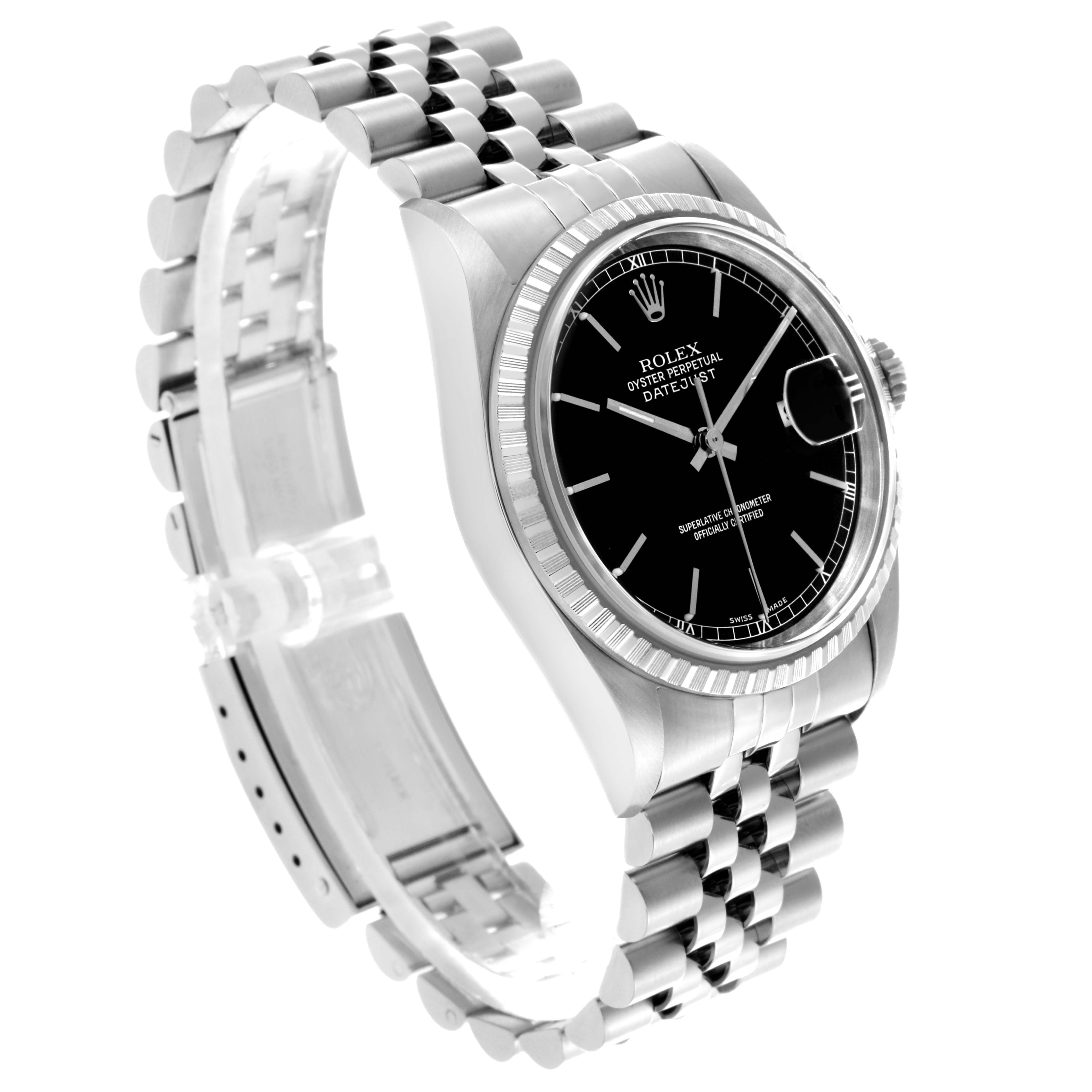 The Rolex Datejust 16220 Men's Stainless Steel Black Dial 16220 Men's Stainless Steel Black Dial watch is shown at a side angle, displaying the face, bracelet, and crown.