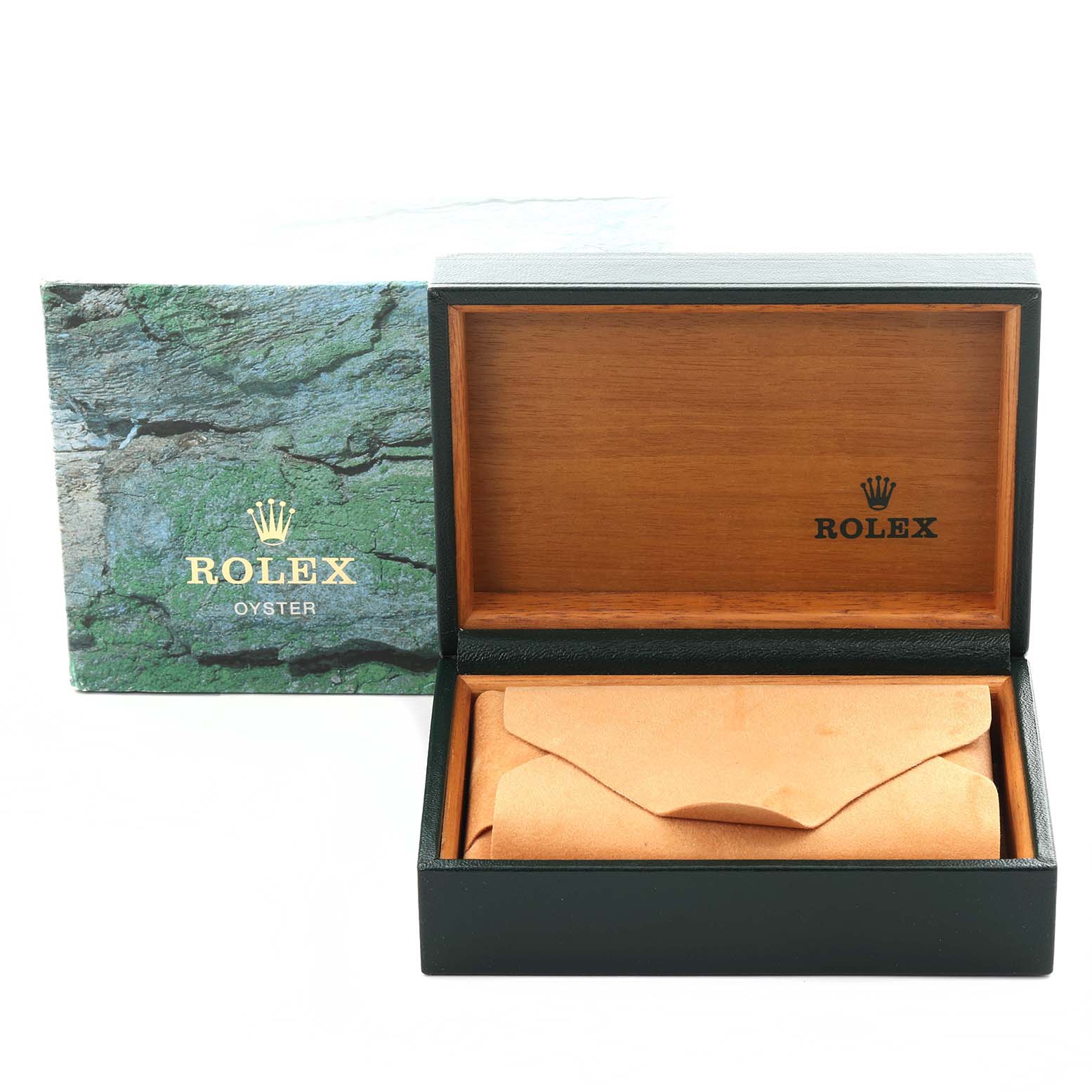 The image shows a Rolex Datejust 16220 Men's Stainless Steel Black Dial 16220 Men's Stainless Steel Black Dial watch box with both the inner and outer packaging visible from a front angle.