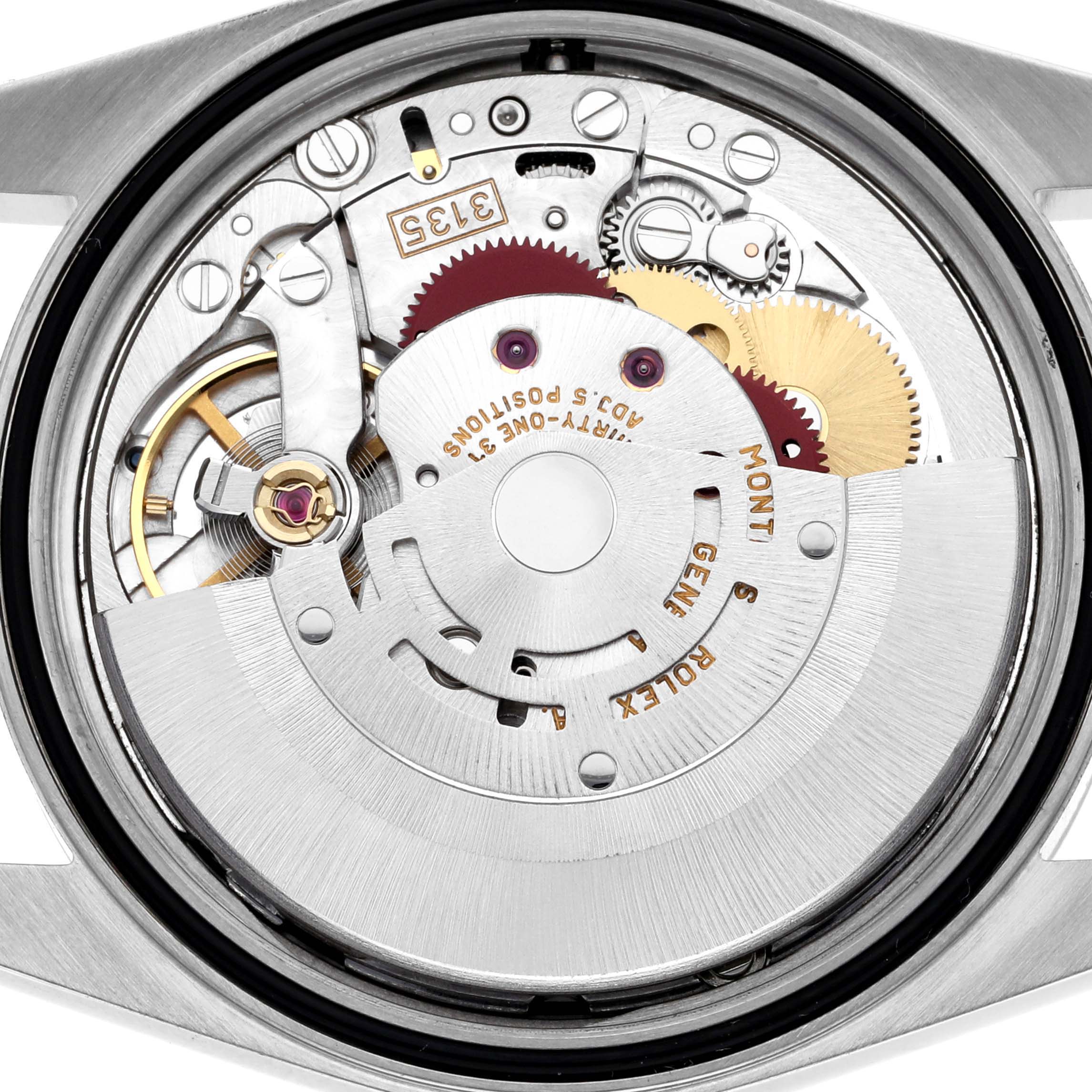 The image shows a top-down view of the Rolex Datejust 16220 Men's Stainless Steel Black Dial 16220 Men's Stainless Steel Black Dial watch movement, revealing gears and internal components.