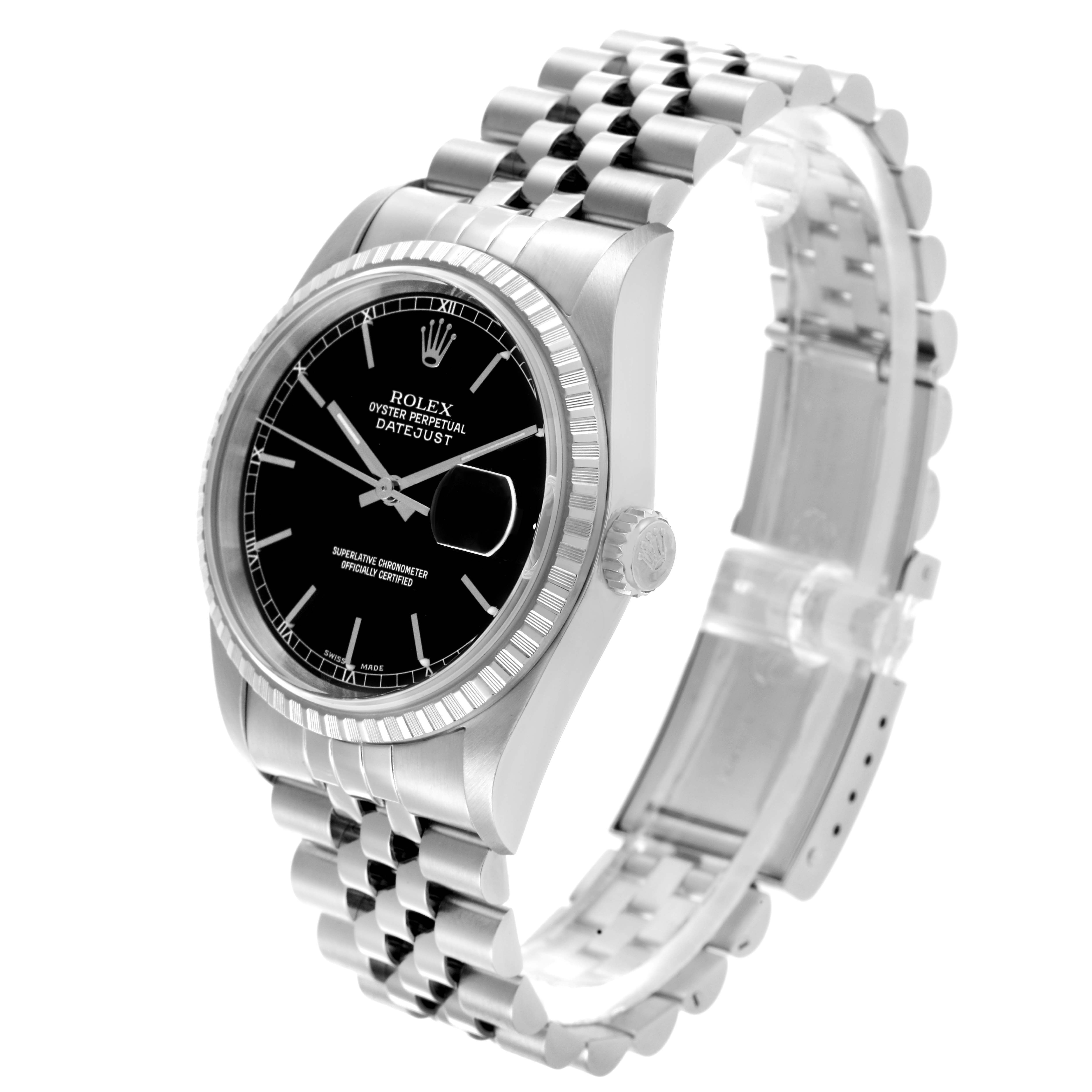 The Rolex Datejust 16220 Men's Stainless Steel Black Dial 16220 Men's Stainless Steel Black Dial watch is shown at a three-quarter angle, highlighting the face, bezel, crown, and Jubilee bracelet.