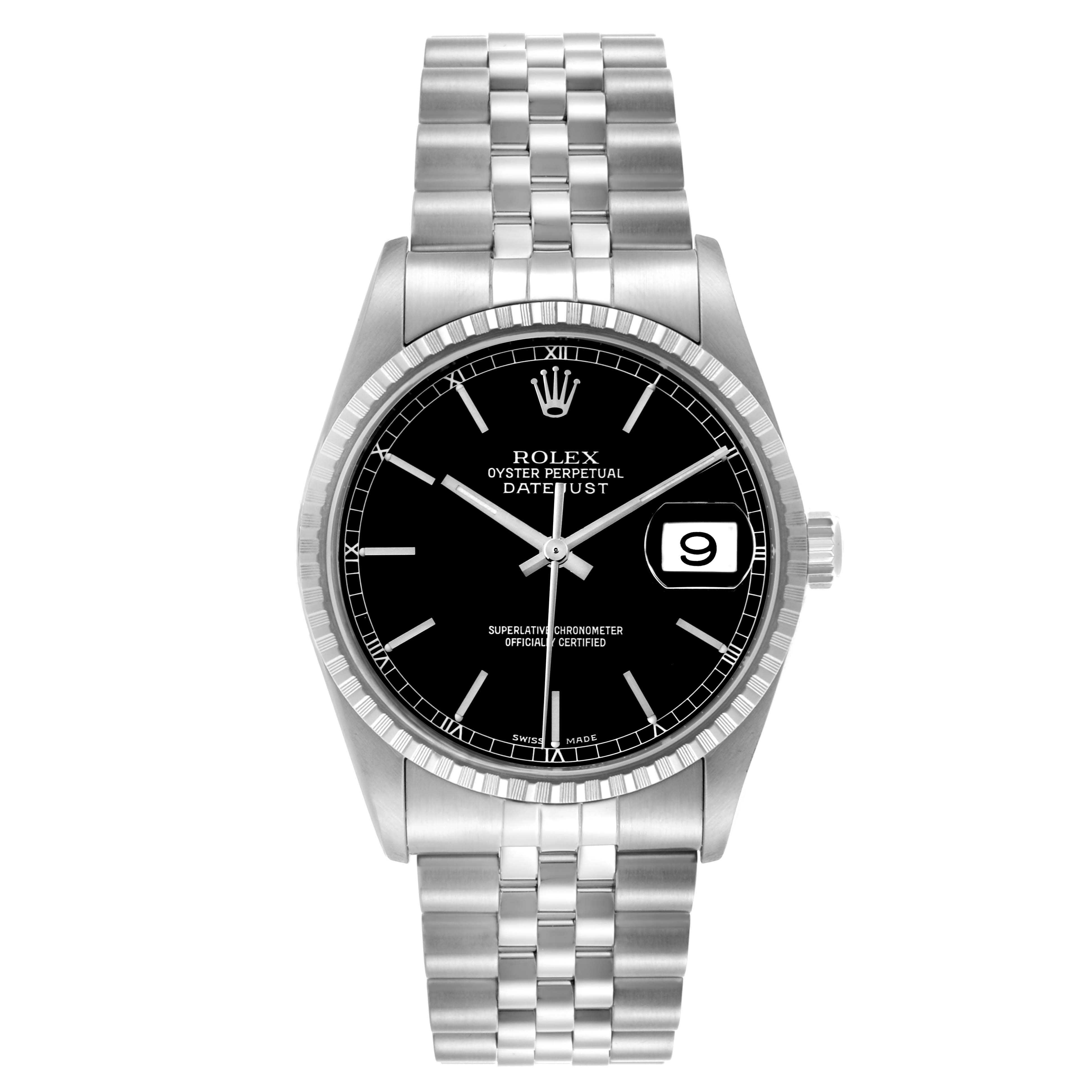 The Rolex Datejust 16220 Men's Stainless Steel Black Dial 16220 Men's Stainless Steel Black Dial watch is shown from a front angle, displaying the dial, bezel, crown, and bracelet.