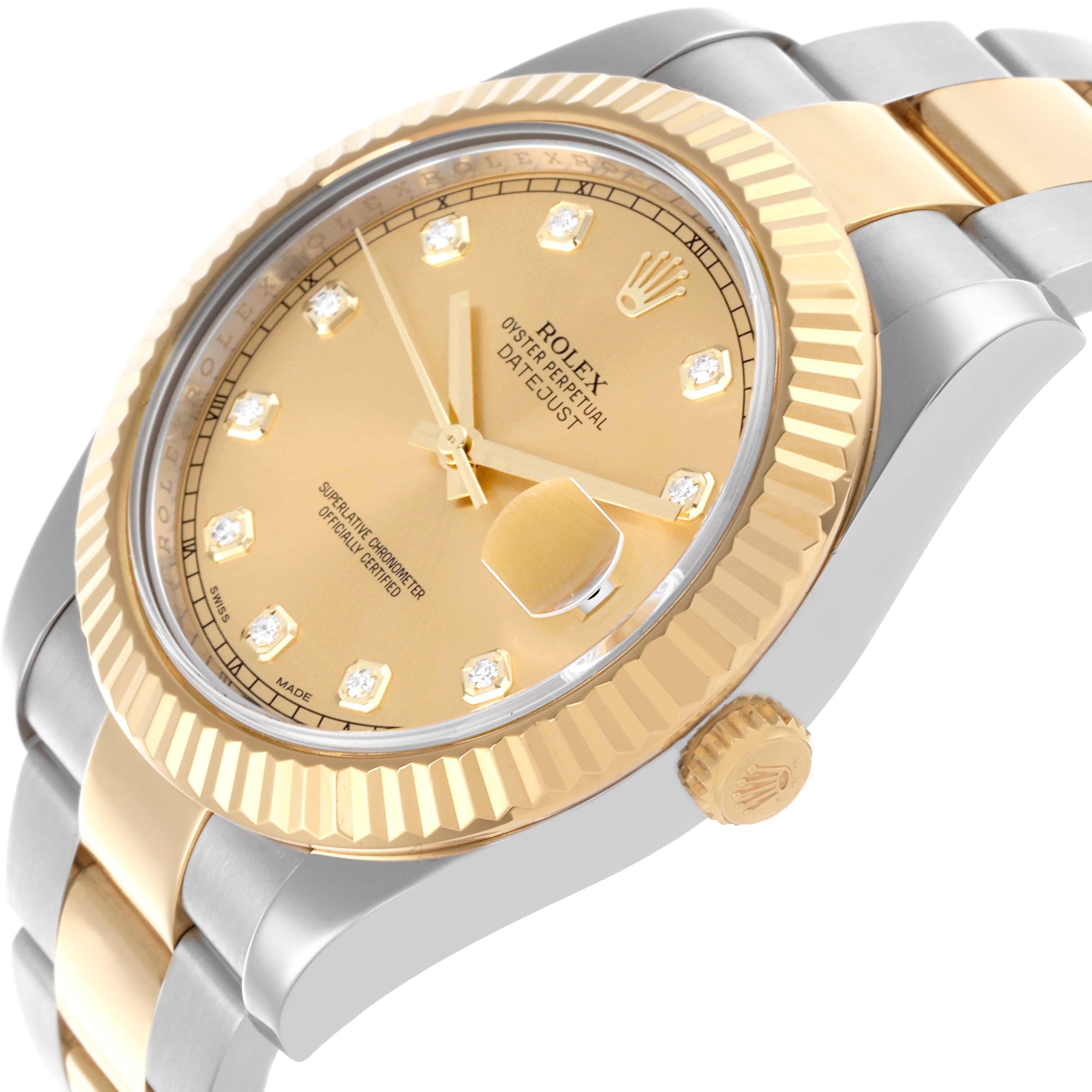 The Rolex Datejust 41 116333 Men's Steel and Gold (two tone) Champagne Dial 116333 Men's Steel and Gold (two tone) Champagne Dial is shown at a slightly tilted side angle, highlighting its two-tone bracelet, gold fluted bezel, and crown.