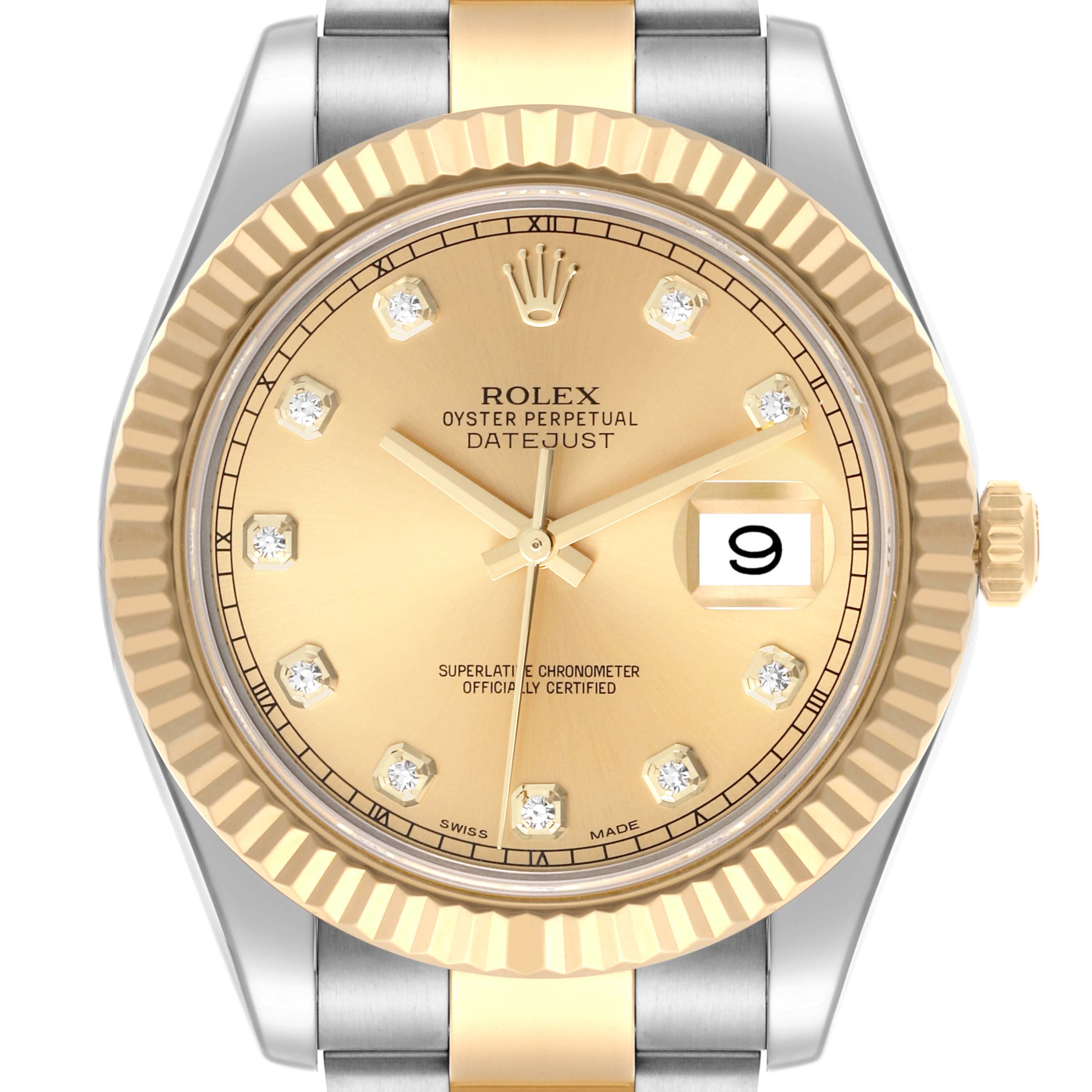 The Rolex Datejust 41 116333 Men's Steel and Gold (two tone) Champagne Dial 116333 Men's Steel and Gold (two tone) Champagne Dial is shown from a top-down angle, highlighting the gold dial, fluted bezel, and part of the two-tone bracelet.