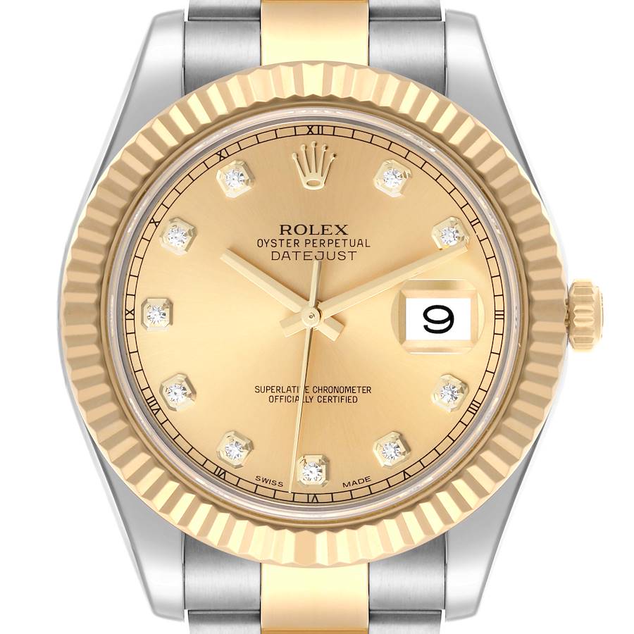 The Rolex Datejust 41 is shown from a top-down angle, highlighting the gold dial, fluted bezel, and part of the two-tone bracelet.