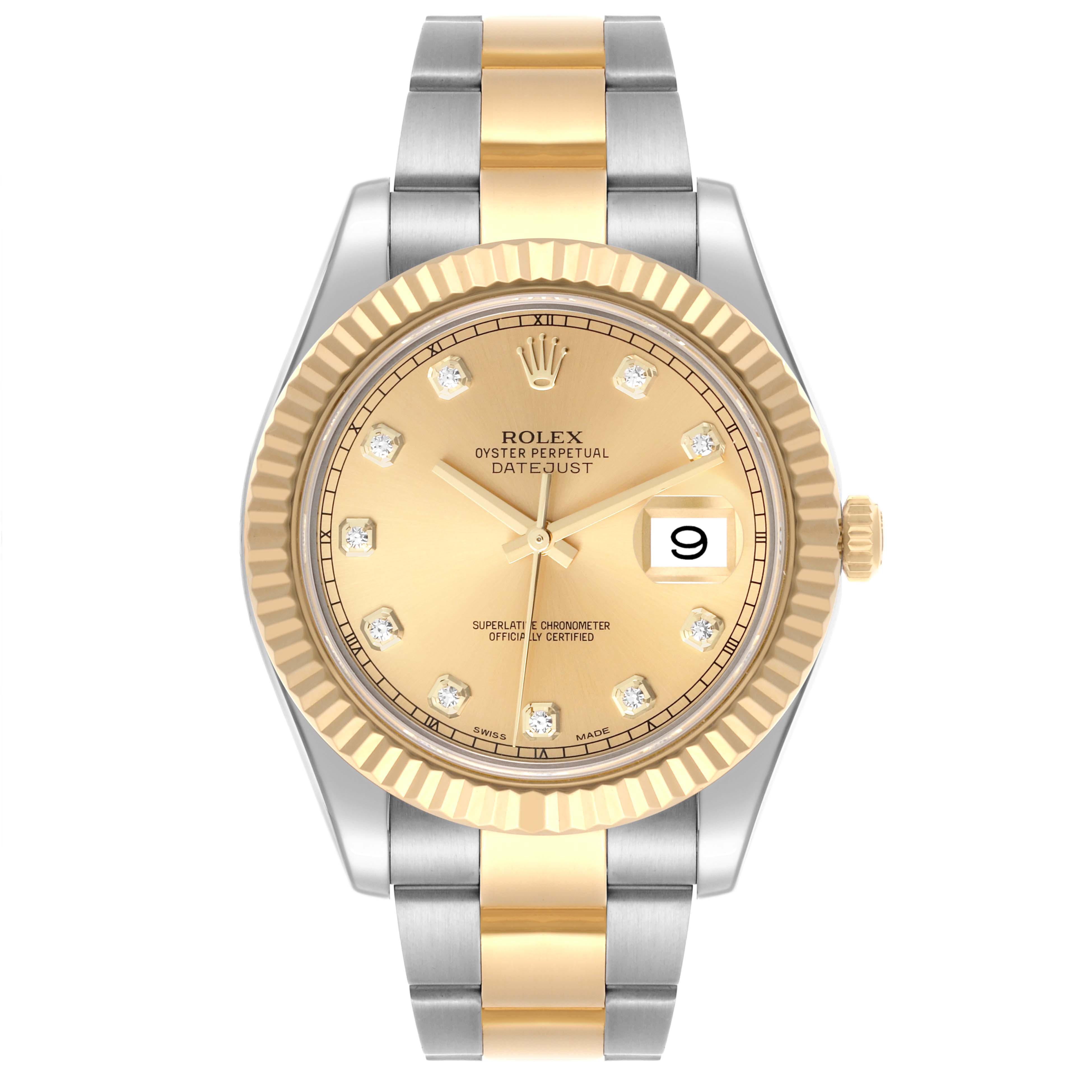 The Rolex Datejust 41 116333 Men's Steel and Gold (two tone) Champagne Dial 116333 Men's Steel and Gold (two tone) Champagne Dial watch is shown from a top view, highlighting its gold dial, diamond hour markers, two-tone bracelet, and fluted bezel.