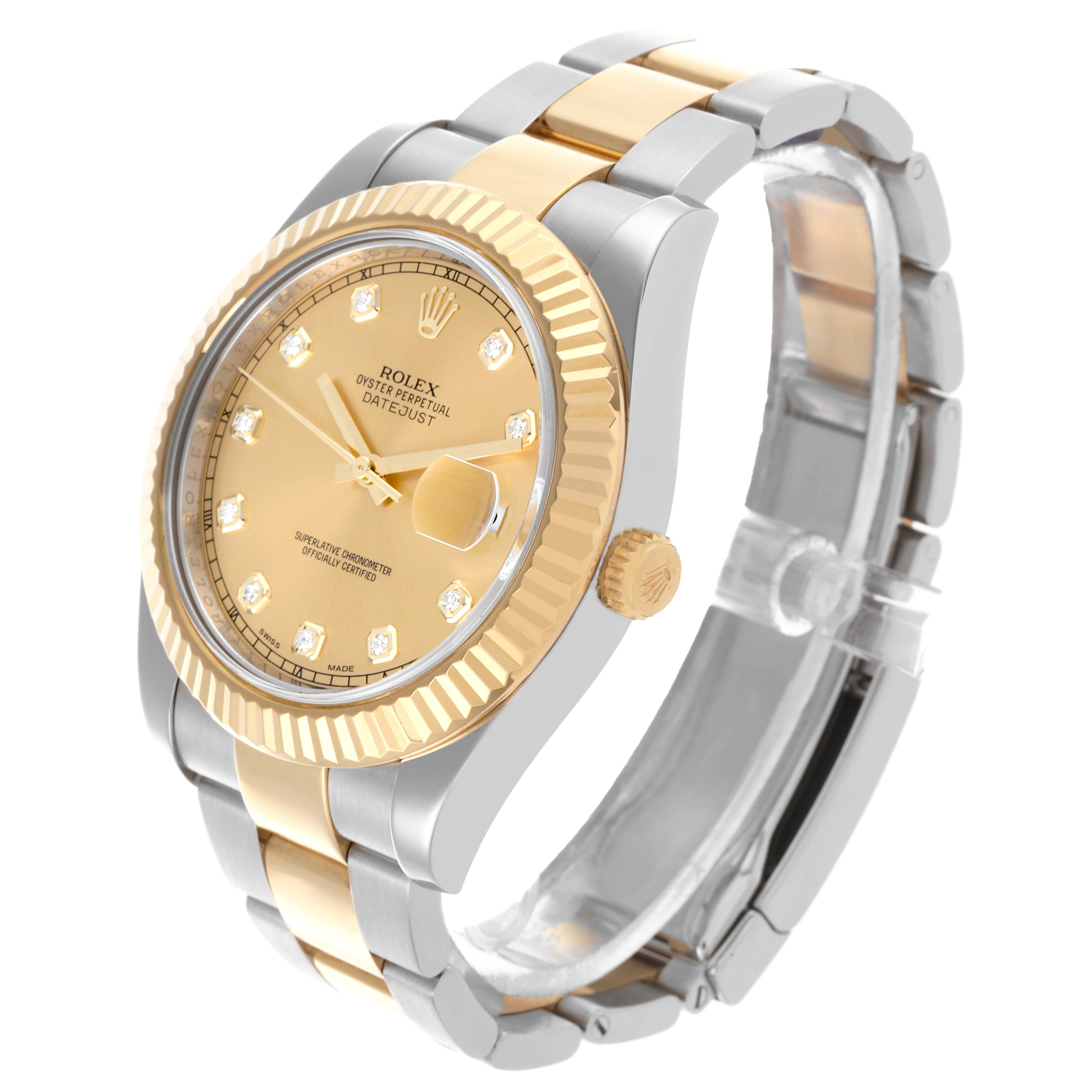 The Rolex Datejust 41 116333 Men's Steel and Gold (two tone) Champagne Dial 116333 Men's Steel and Gold (two tone) Champagne Dial watch is shown from a three-quarter view, displaying the dial, bezel, crown, and part of the bracelet.