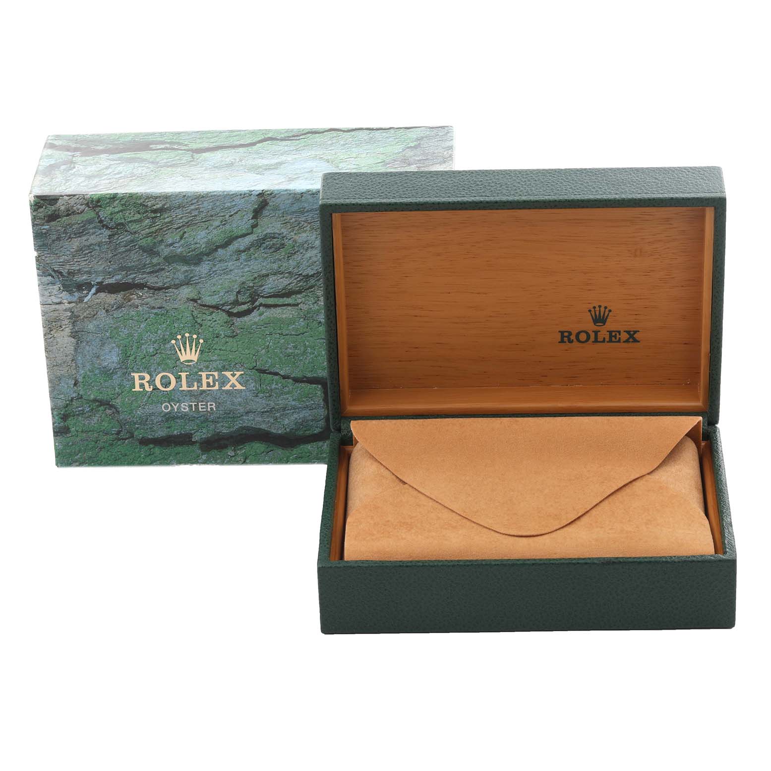 The image shows an open Rolex Oyster watch box with a green outer box, displaying the interior space for a Mid-Size model watch.