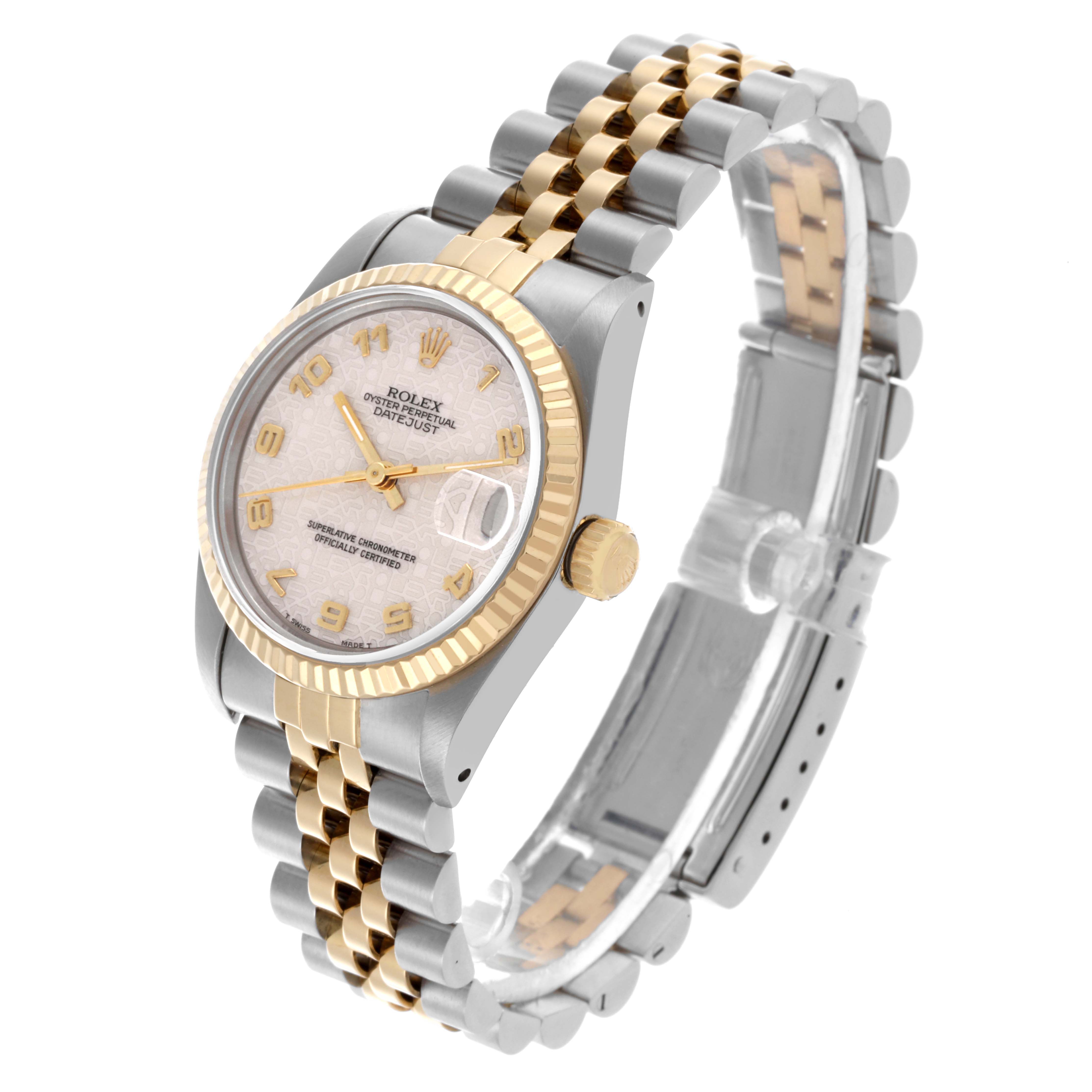 The Rolex Mid-Size 68273 Women's Steel and Gold (two tone) White Dial 68273 Women's Steel and Gold (two tone) White Dial Datejust is shown from a three-quarter angle, highlighting the face, bezel, crown, and Jubilee bracelet.