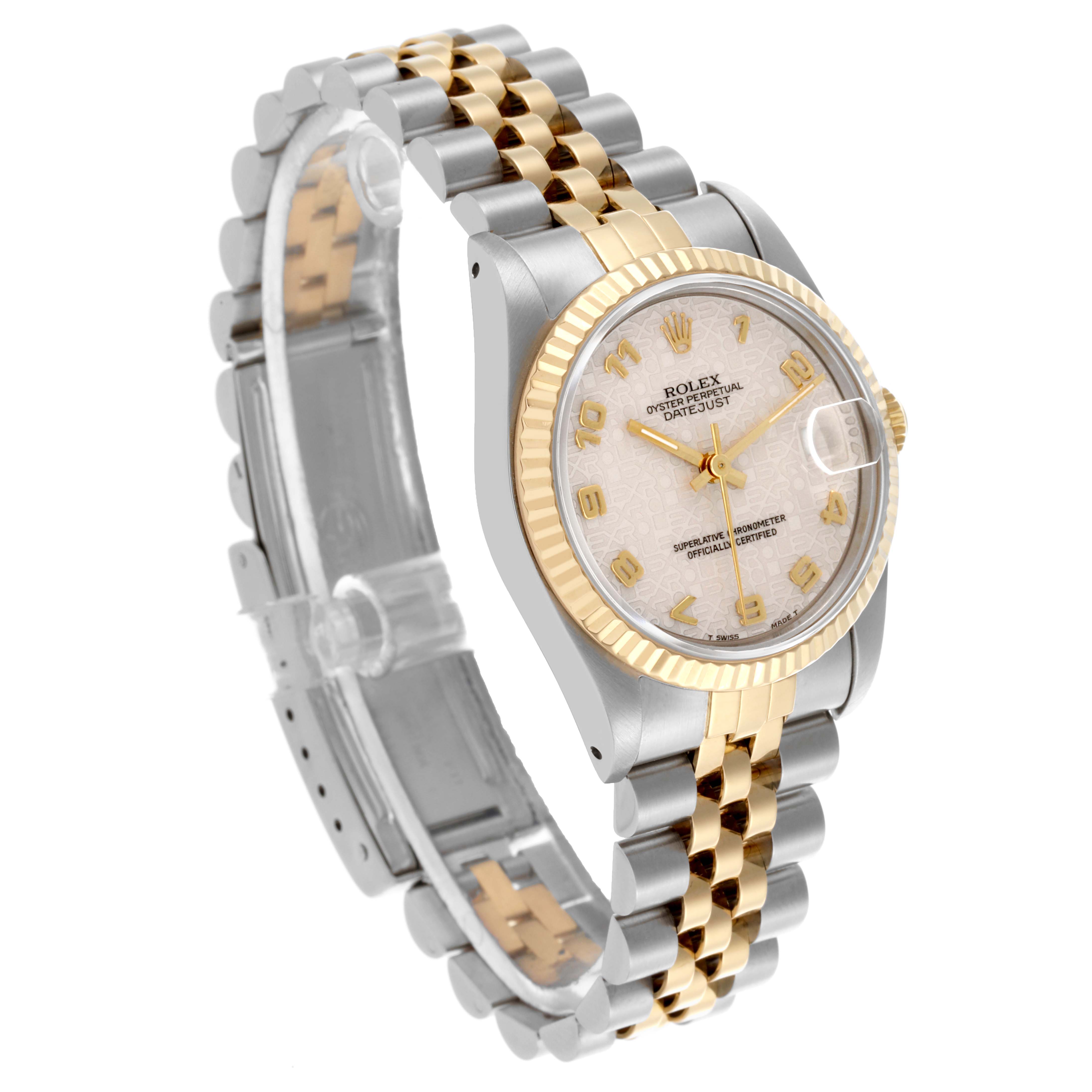 The Rolex Mid-Size 68273 Women's Steel and Gold (two tone) White Dial 68273 Women's Steel and Gold (two tone) White Dial watch is shown at a three-quarter angle, highlighting the dial, case, and bi-metal bracelet.