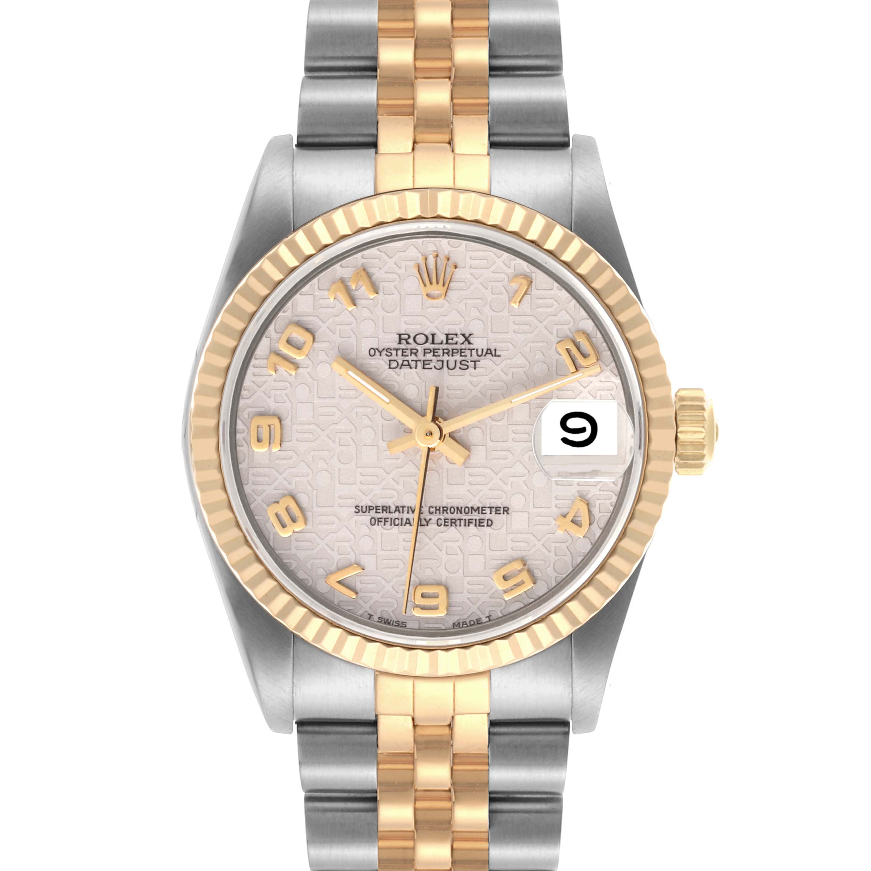 The Rolex watch is shown from a front angle, displaying its dial, bezel, and two-tone bracelet.