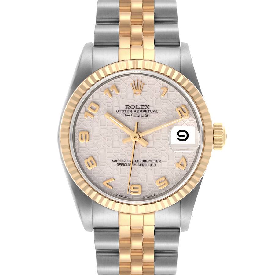 The Rolex watch is shown from a front angle, displaying its dial, bezel, and two-tone bracelet.