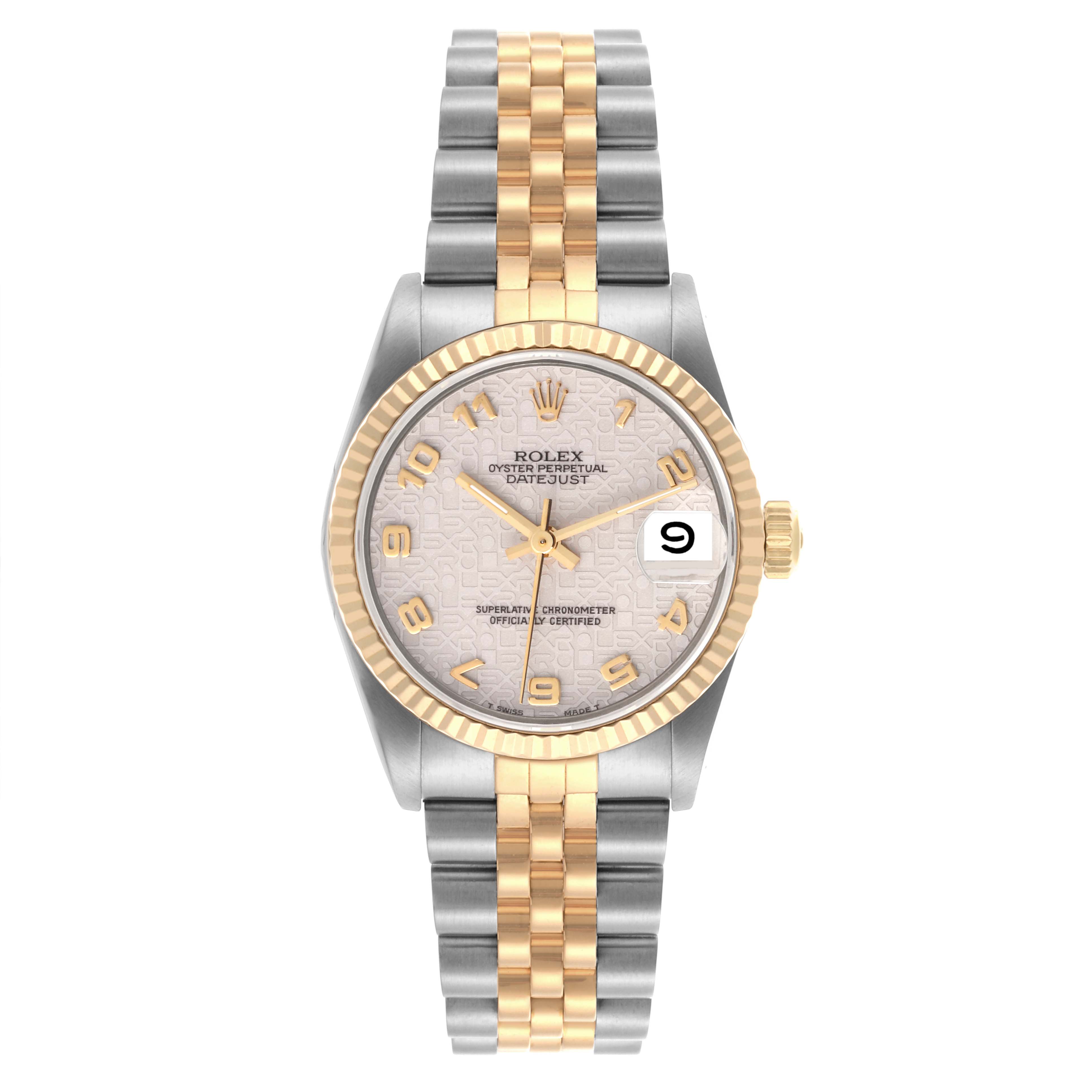 The Rolex Mid-Size 68273 Women's Steel and Gold (two tone) White Dial 68273 Women's Steel and Gold (two tone) White Dial watch is shown from the front, displaying the dial, bezel, and two-tone bracelet.
