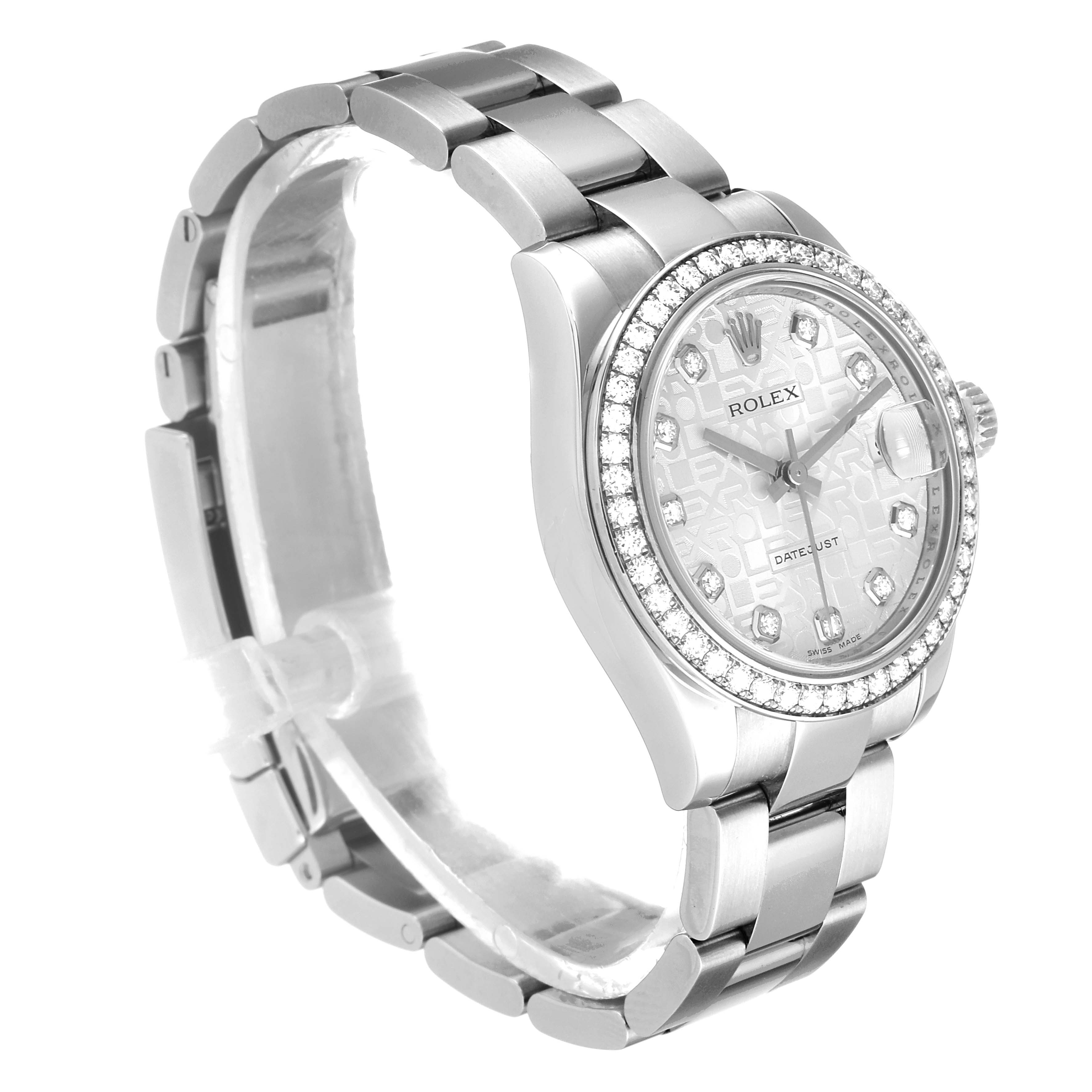 This image shows a side angle of a Rolex Mid-Size 178384 Women
s Stainless Steel Silver Dial 178384 Women
s Stainless Steel Silver Dial Datejust watch, highlighting its bracelet, bezel, and dial.