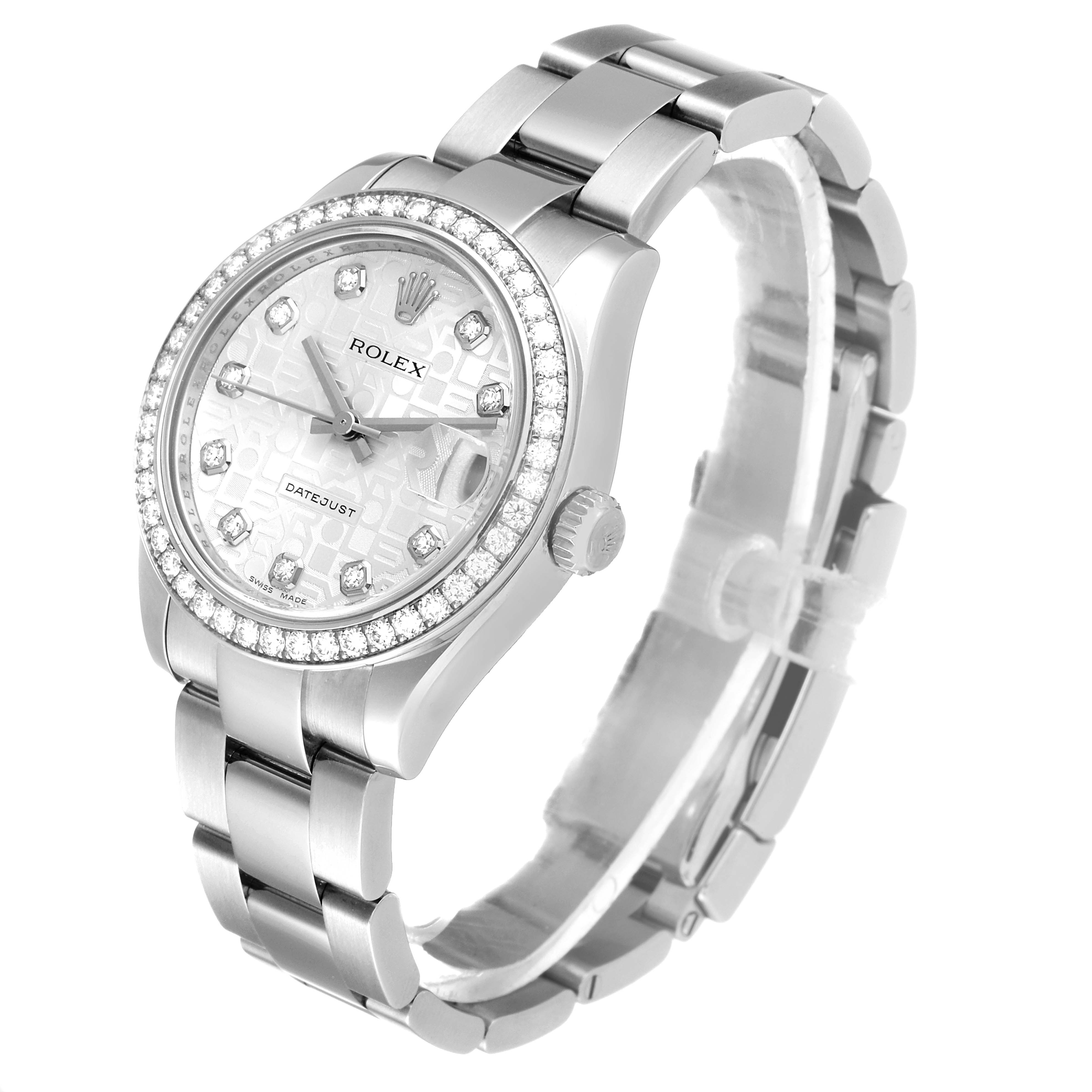 The watch shows a tilted side view of a Rolex Mid-Size 178384 Women
s Stainless Steel Silver Dial 178384 Women
s Stainless Steel Silver Dial Datejust, displaying its face, bezel, crown, and bracelet.