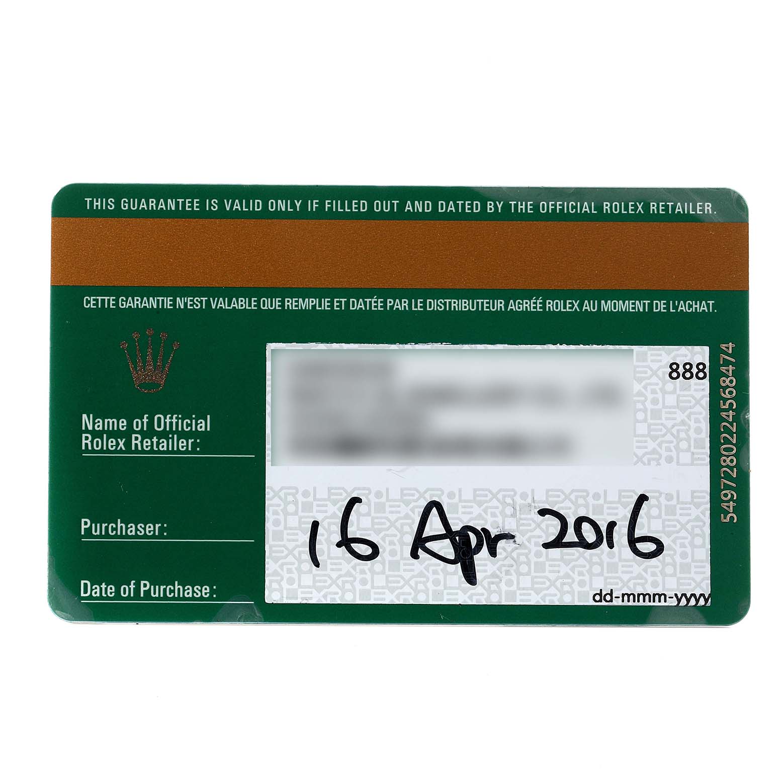 The image shows the official guarantee card from Rolex for a Mid-Size model, displaying purchase details.