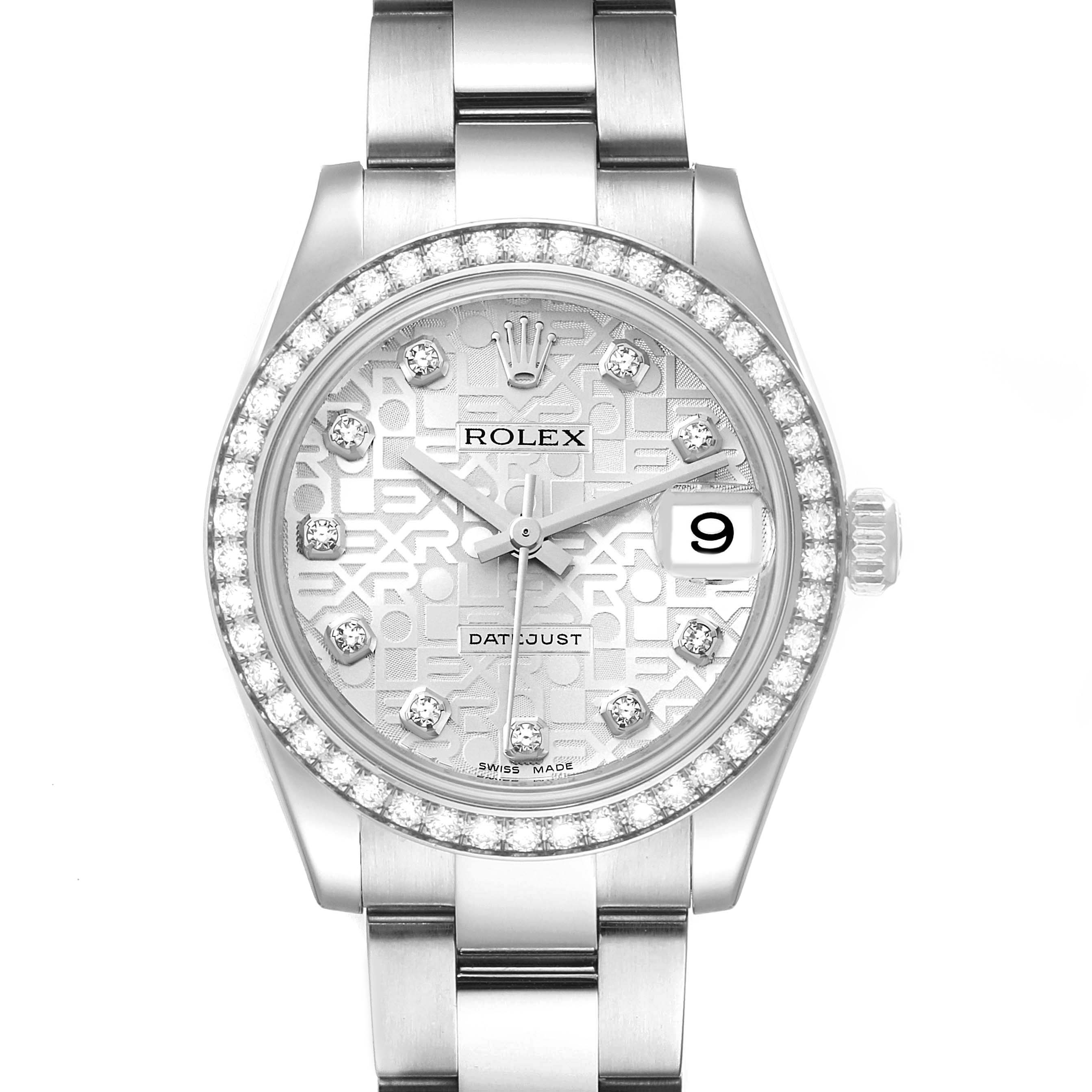 The image shows a front view of a Mid-Size Rolex Datejust, highlighting the dial, bezel, and part of the bracelet.