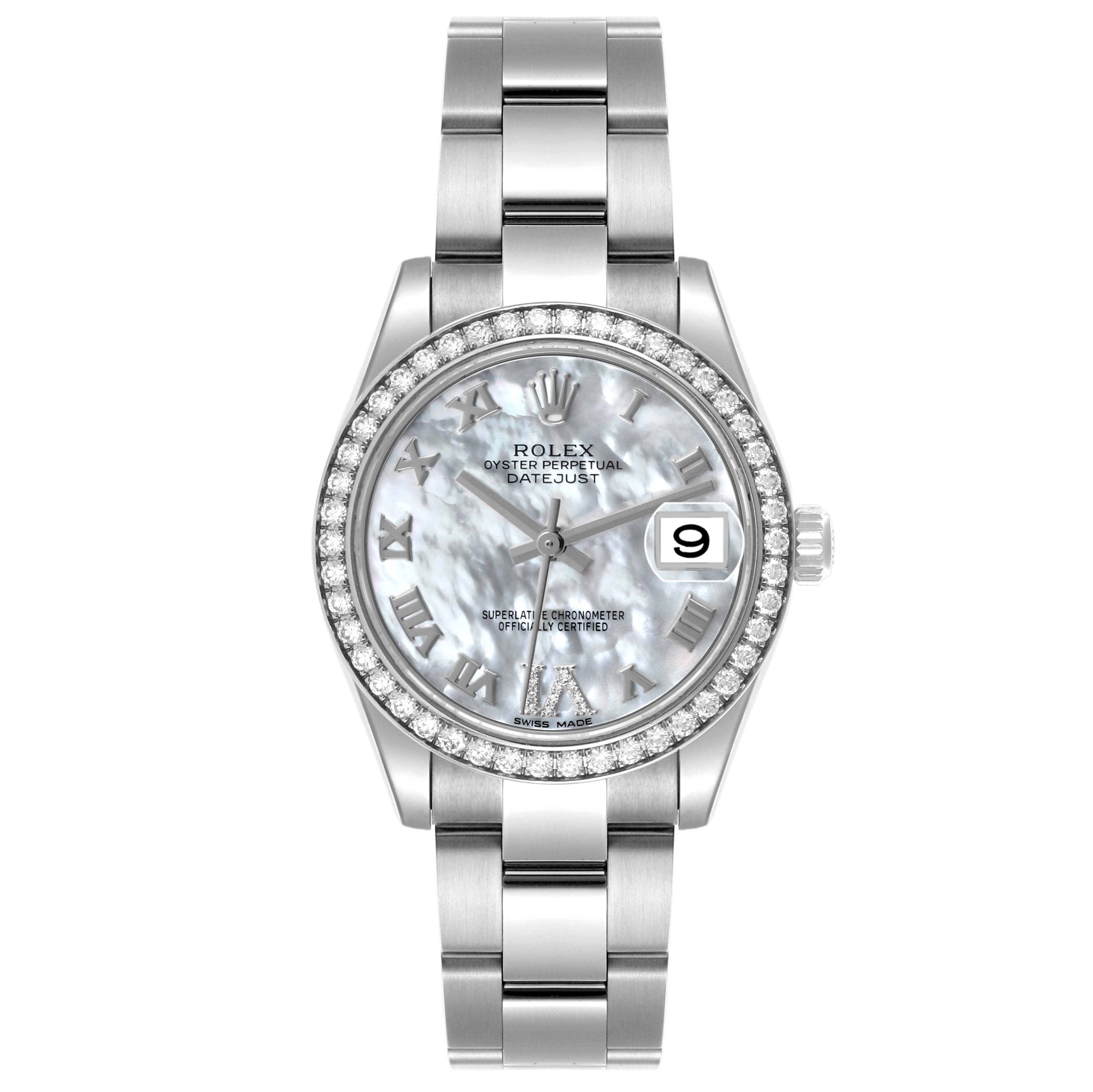 The Rolex Datejust watch is shown from a front angle, displaying the dial, bezel, bracelet, and crown.