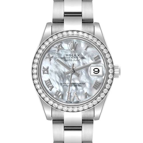 The Rolex Datejust watch is shown from a front angle, featuring a mother-of-pearl dial, diamond bezel, and metal bracelet.