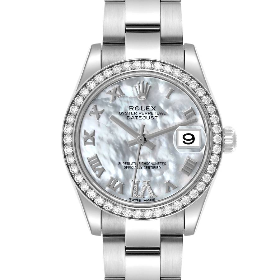 The Rolex Datejust watch is shown from a front angle, highlighting the dial, bezel, and bracelet.