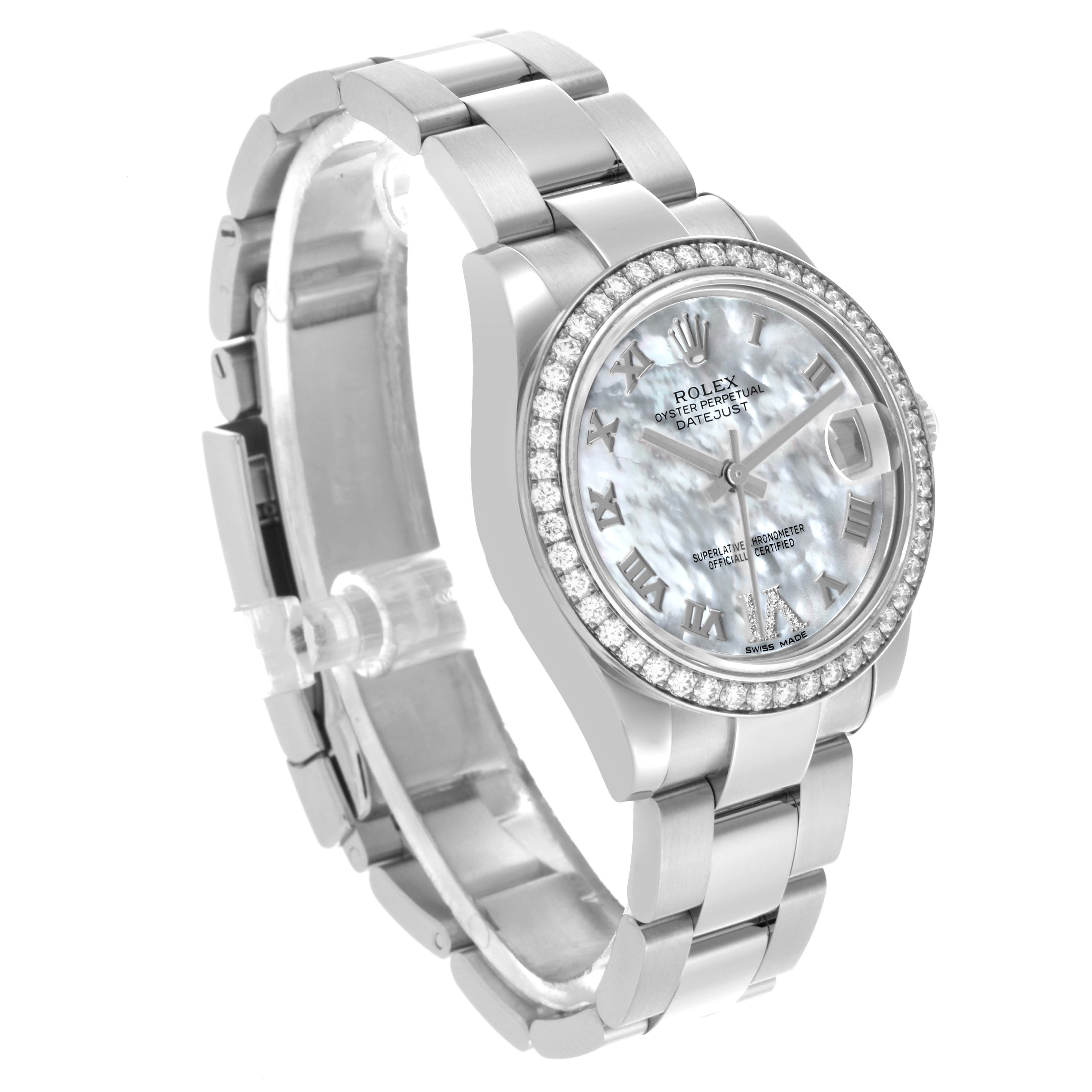 The Rolex Datejust watch is shown at a three-quarter angle, highlighting the face, bezel, and bracelet.