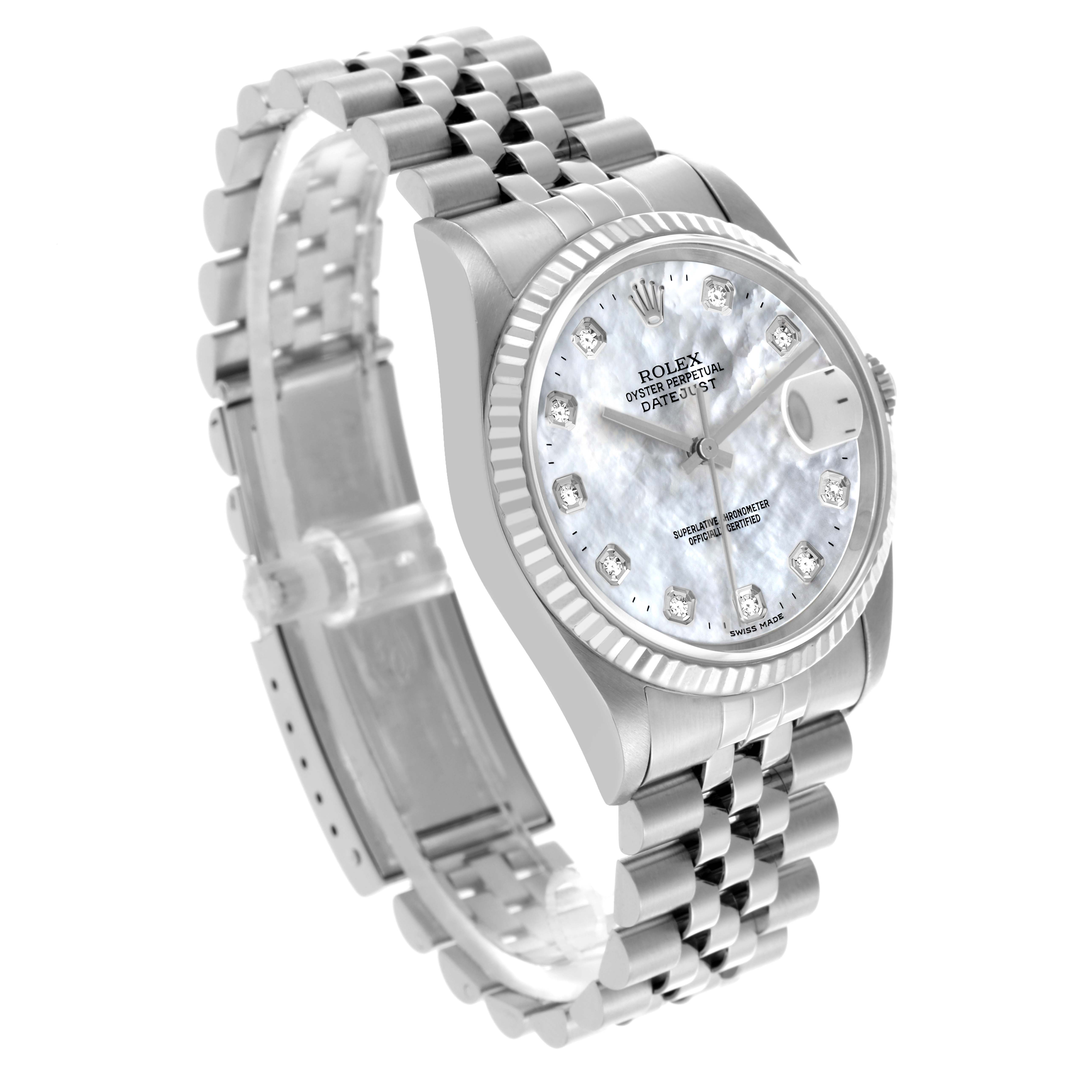 The Rolex Datejust 16234 Men's Stainless Steel Mother of Pearl Dial 16234 Men's Stainless Steel Mother of Pearl Dial watch is shown at a three-quarter angle, highlighting the face, fluted bezel, and Jubilee bracelet.