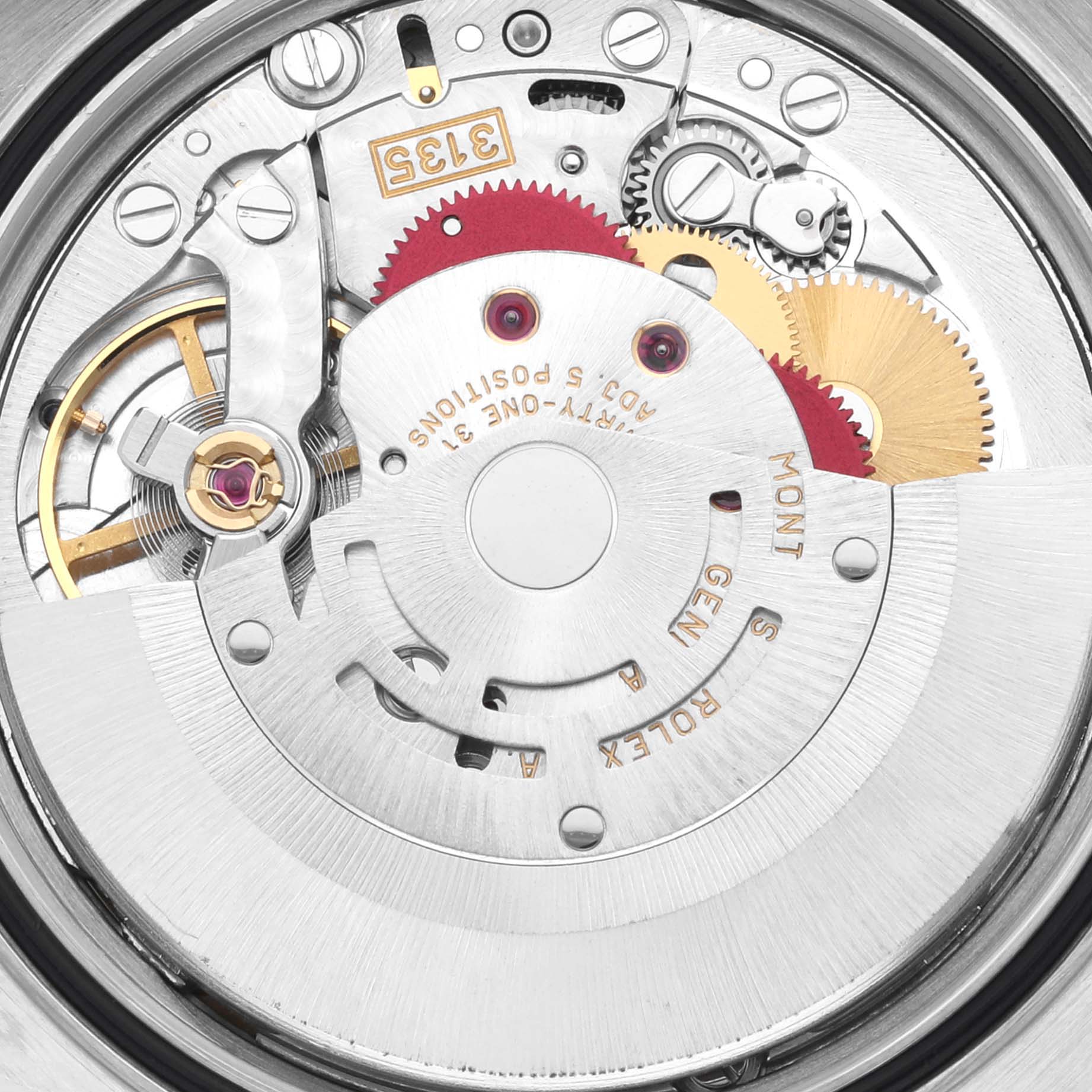 The image shows the movement mechanism of a Rolex Datejust 16234 Men's Stainless Steel Mother of Pearl Dial 16234 Men's Stainless Steel Mother of Pearl Dial, focusing on gears and components from a top-down angle.