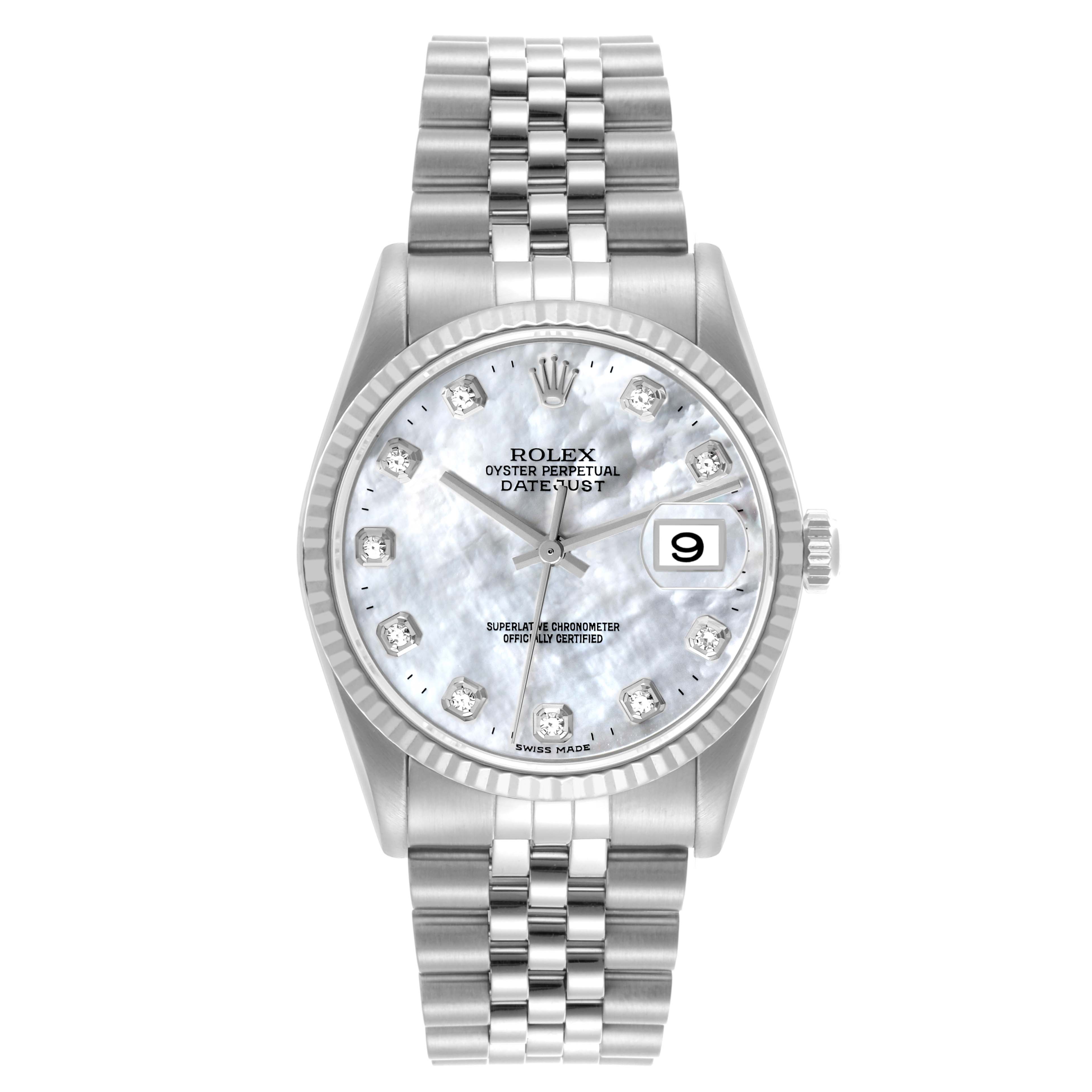 The Rolex Datejust 16234 Men's Stainless Steel Mother of Pearl Dial 16234 Men's Stainless Steel Mother of Pearl Dial watch is shown from a straight frontal angle, highlighting the face, bezel, and bracelet.