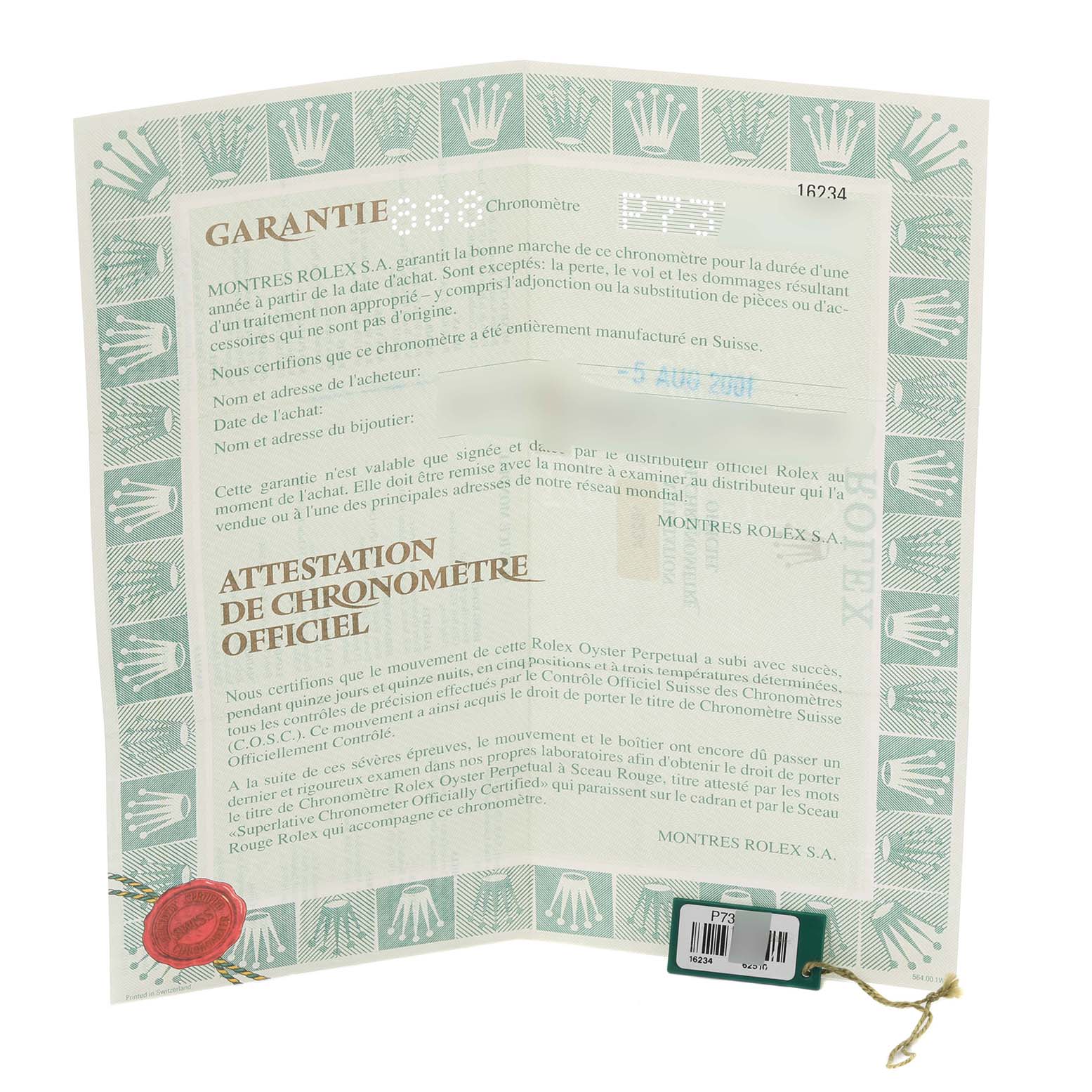 The image shows a Rolex Datejust 16234 Men's Stainless Steel Mother of Pearl Dial 16234 Men's Stainless Steel Mother of Pearl Dial model warranty certificate and tag, viewed flat and open.