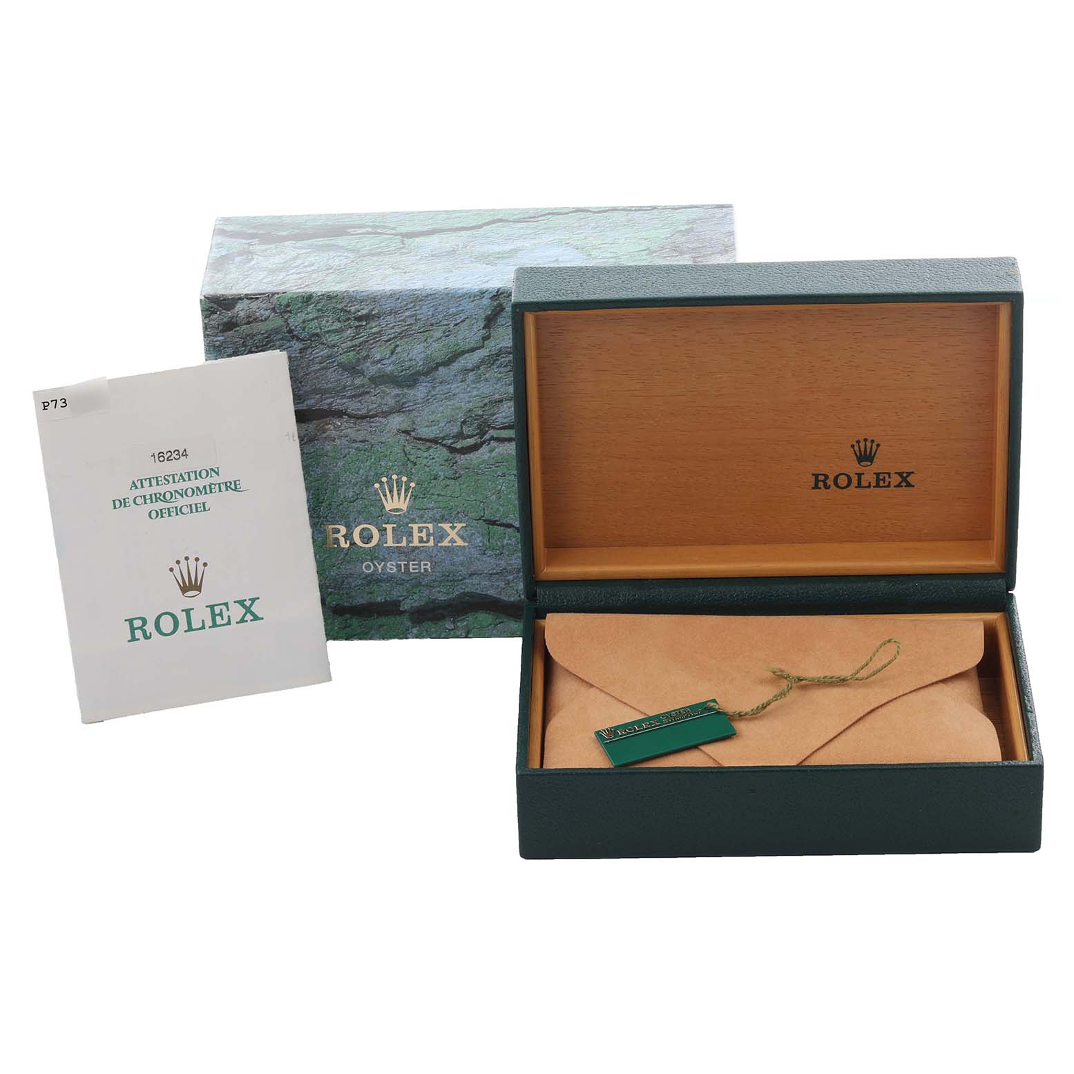 The image shows a Rolex Datejust 16234 Men's Stainless Steel Mother of Pearl Dial 16234 Men's Stainless Steel Mother of Pearl Dial box and papers, including a certificate and packaging viewed from the front.