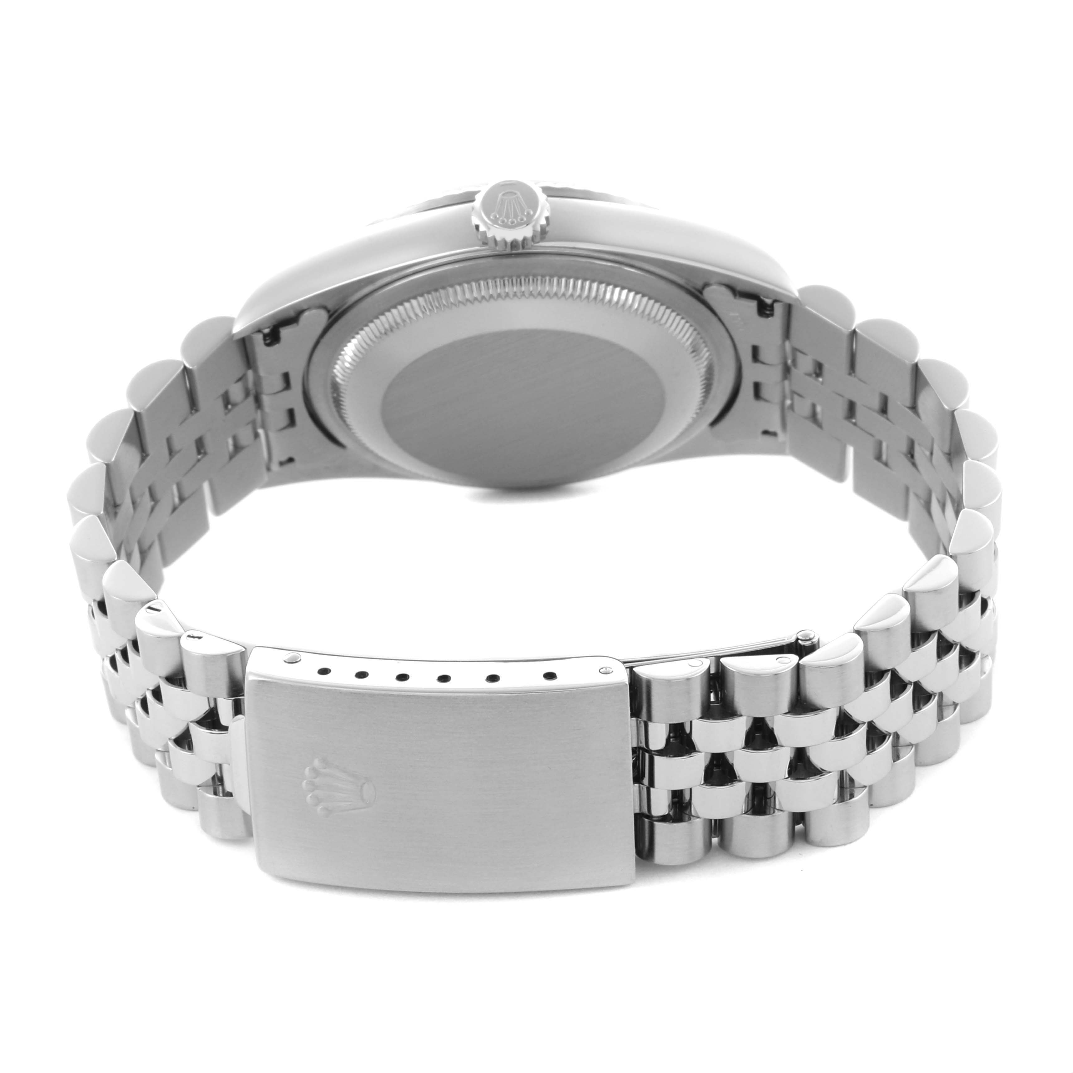 The image shows a Rolex Datejust 16234 Men's Stainless Steel Mother of Pearl Dial 16234 Men's Stainless Steel Mother of Pearl Dial watch from the back, highlighting the case, bezel, and Jubilee bracelet with clasp.