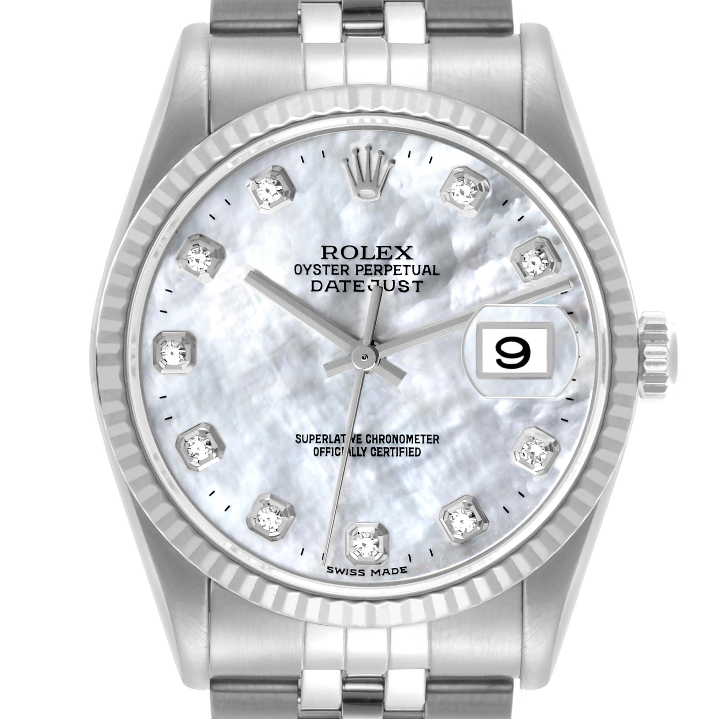 The Rolex Datejust 16234 Men's Stainless Steel Mother of Pearl Dial 16234 Men's Stainless Steel Mother of Pearl Dial watch is shown from the front, highlighting its dial, bezel, crown, and part of the bracelet.