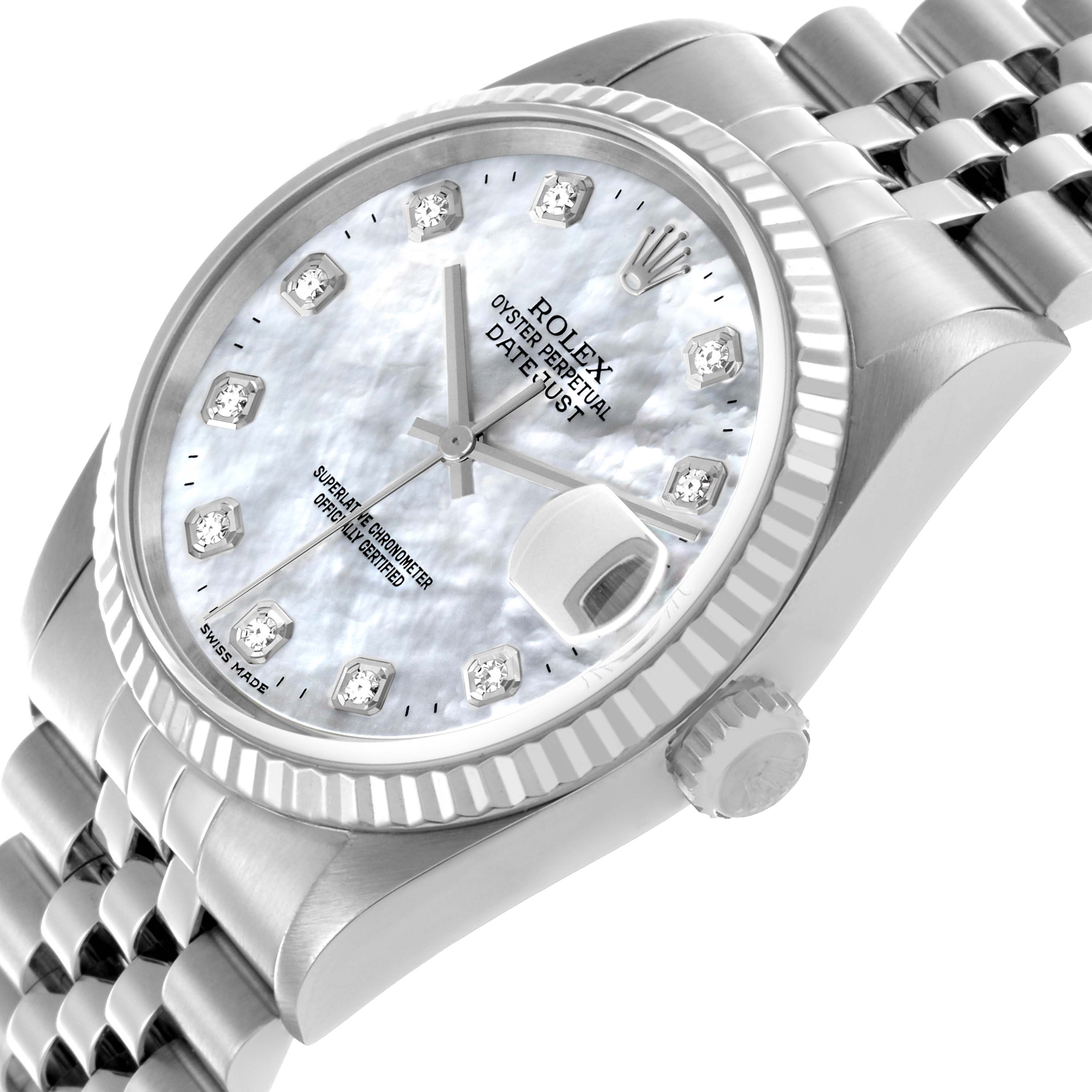 The image shows a Rolex Datejust 16234 Men's Stainless Steel Mother of Pearl Dial 16234 Men's Stainless Steel Mother of Pearl Dial watch angled to highlight the face, bezel, crown, and part of the bracelet.