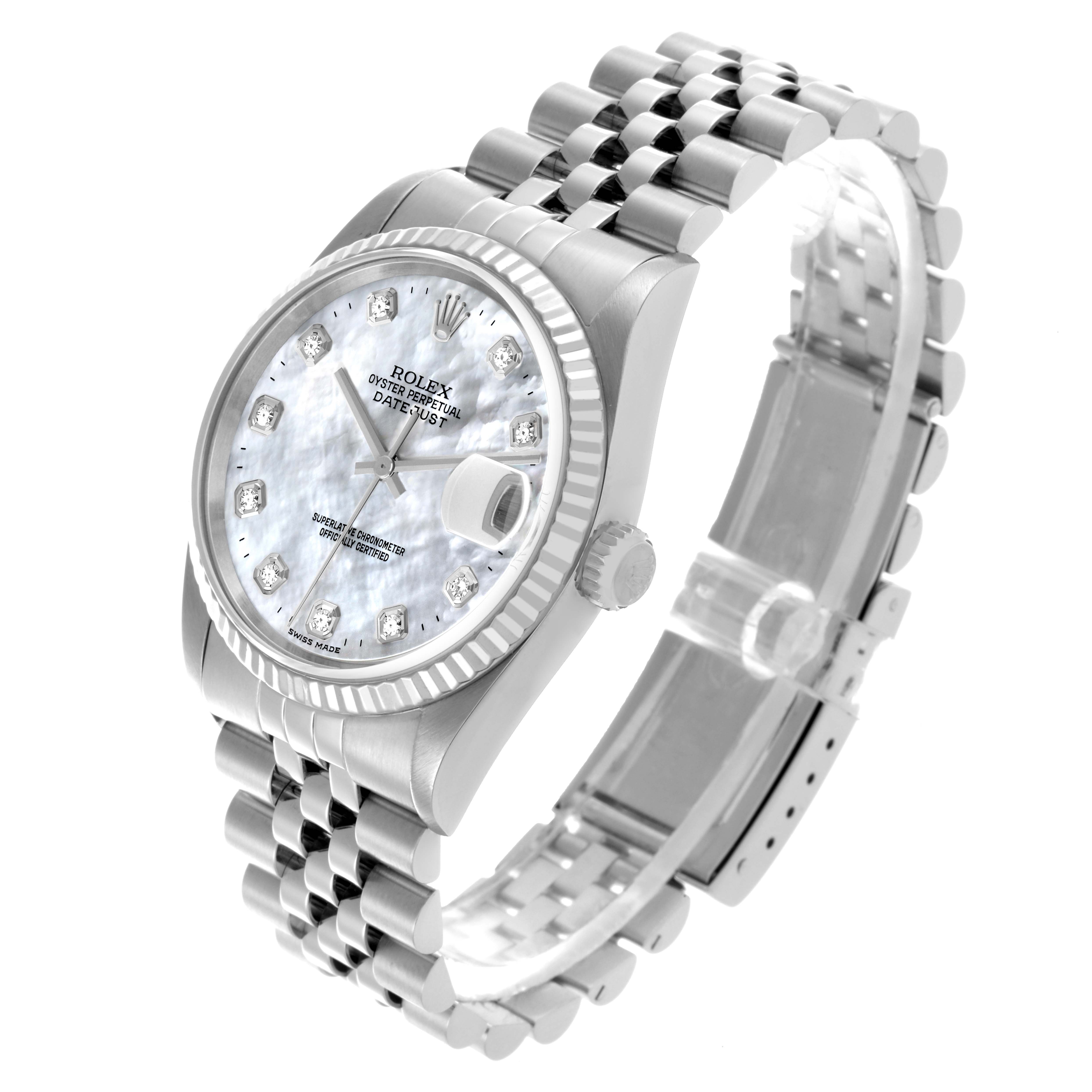 The Rolex Datejust 16234 Men's Stainless Steel Mother of Pearl Dial 16234 Men's Stainless Steel Mother of Pearl Dial watch is shown at a three-quarter angle, displaying the face, bezel, crown, and bracelet clearly.