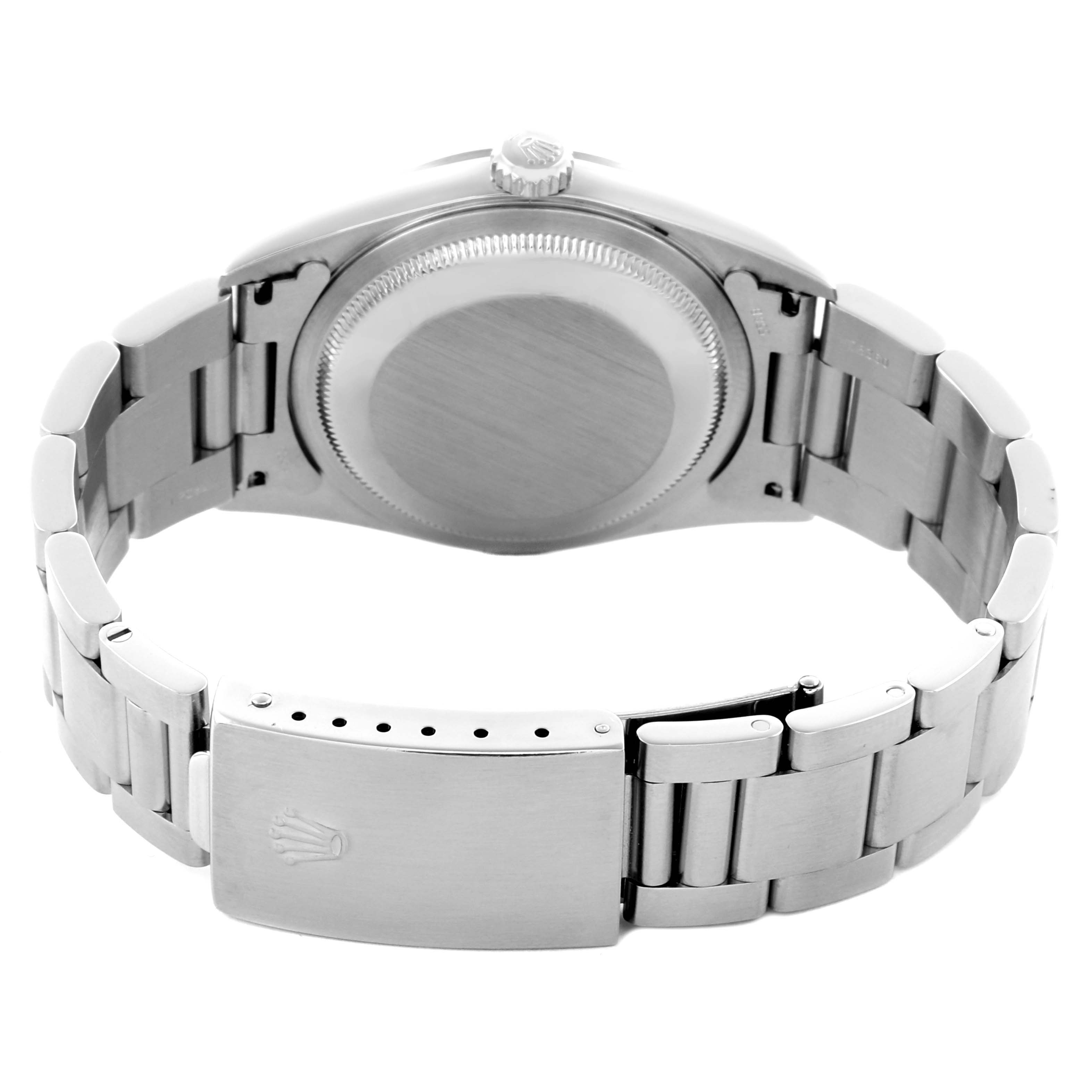 The image shows the back of a Rolex Datejust 16200 Men
s Stainless Steel Silver Dial 16200 Men
s Stainless Steel Silver Dial watch, highlighting the case back and bracelet with the clasp open.