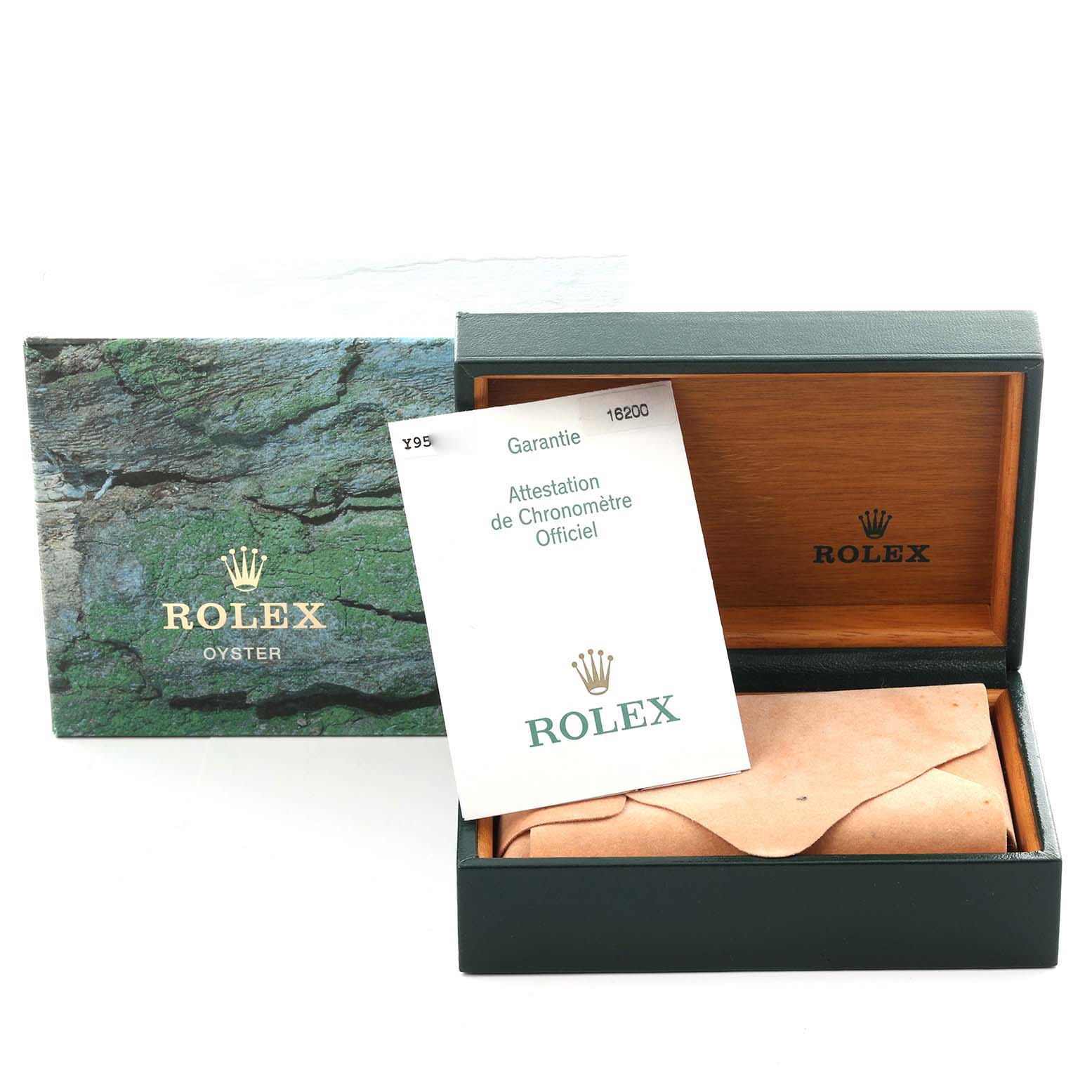 The image shows a Rolex Datejust 16200 Men
s Stainless Steel Silver Dial 16200 Men
s Stainless Steel Silver Dial watch box with a certificate and brown pouch from a front angle.