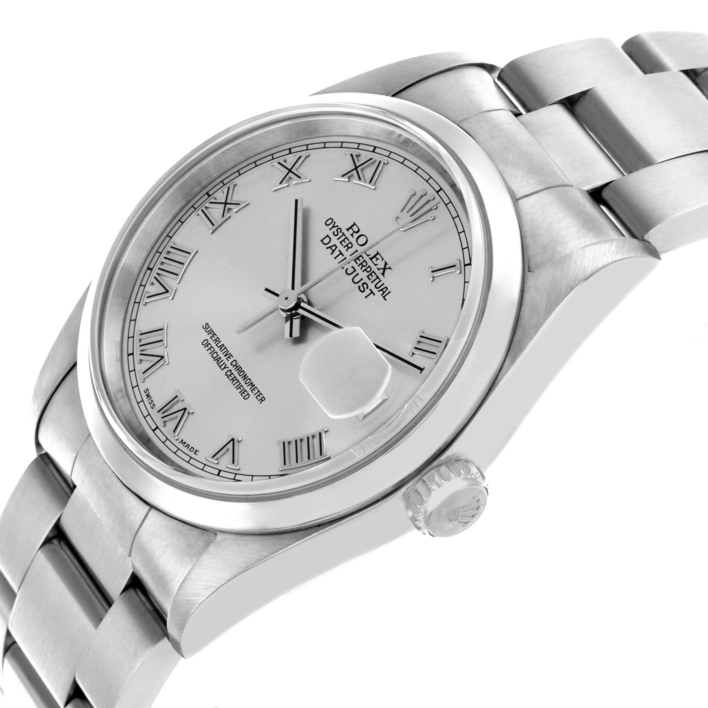 The Rolex Datejust 16200 Men
s Stainless Steel Silver Dial 16200 Men
s Stainless Steel Silver Dial watch is shown at an angle highlighting the dial, bezel, bracelet, and crown.