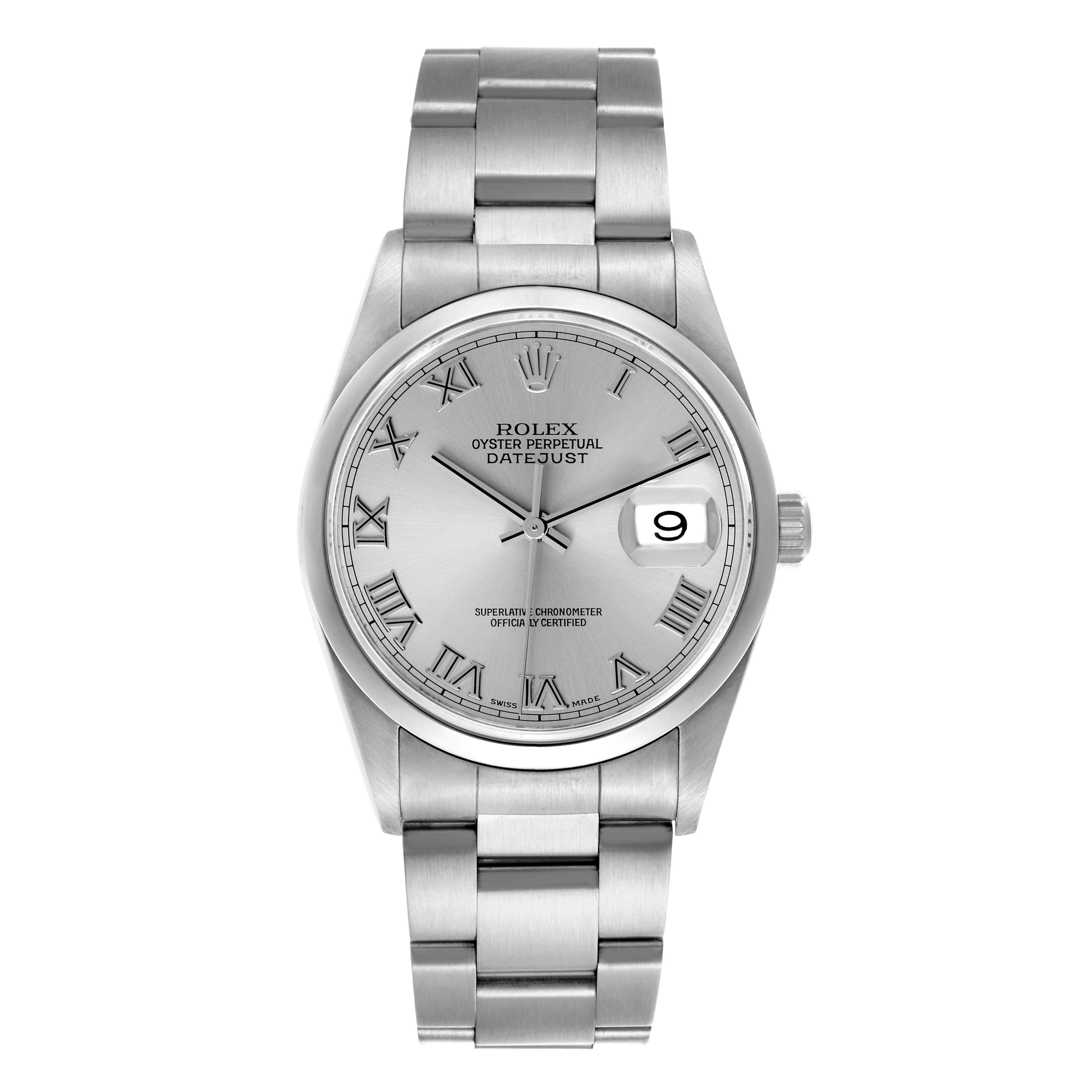 The Rolex Datejust 16200 Men
s Stainless Steel Silver Dial 16200 Men
s Stainless Steel Silver Dial watch is shown from the front, displaying the dial, bezel, and bracelet.