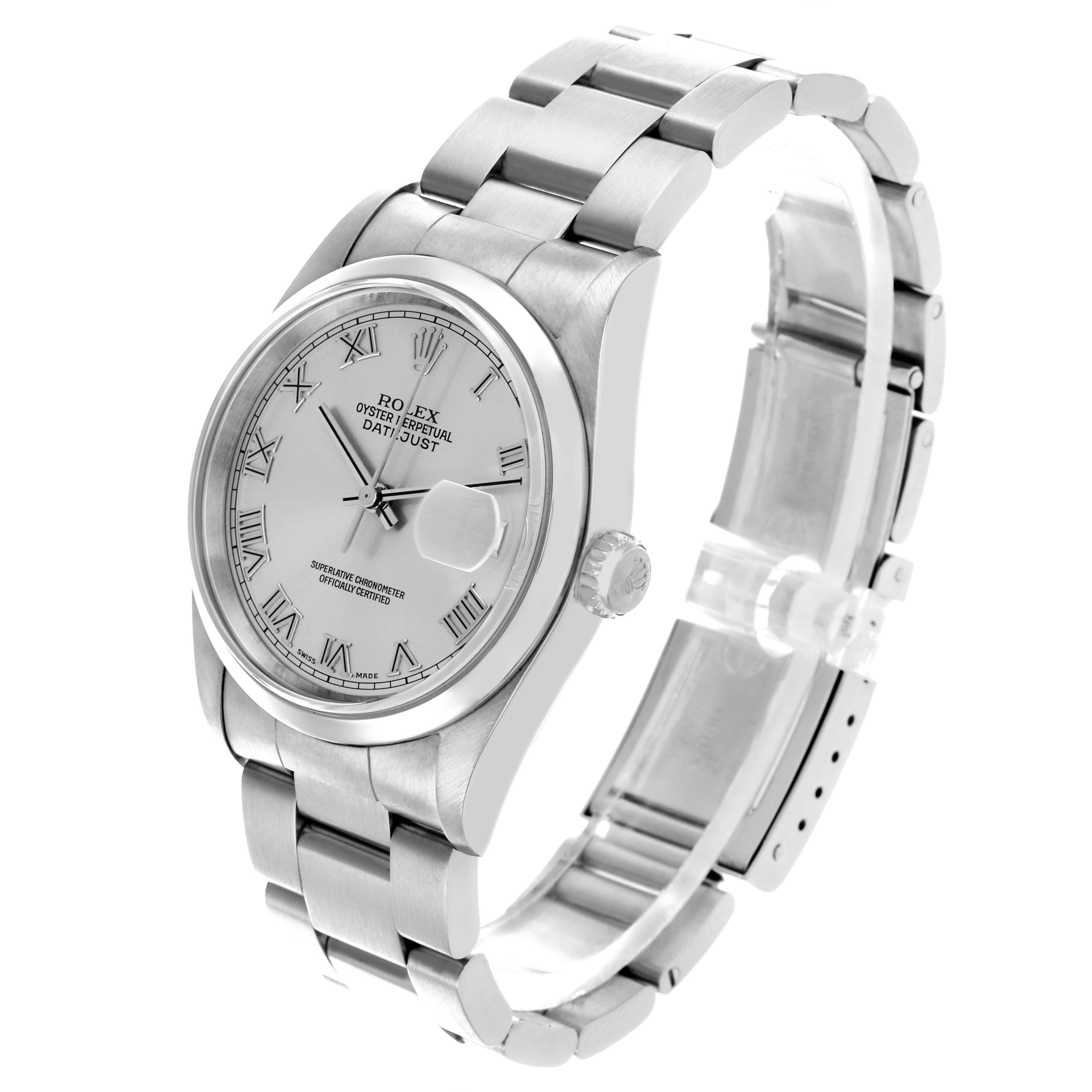 The Rolex Datejust 16200 Men
s Stainless Steel Silver Dial 16200 Men
s Stainless Steel Silver Dial watch is shown at a three-quarter angle, revealing the face, bezel, bracelet, and cyclops lens over the date.