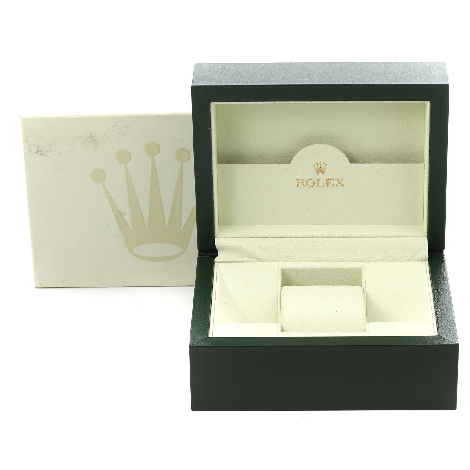 The image shows an open green Rolex Datejust 116234 Men's Stainless Steel Blue Dial 116234 Men's Stainless Steel Blue Dial watch box and its outer box with the logo, viewed from the front.