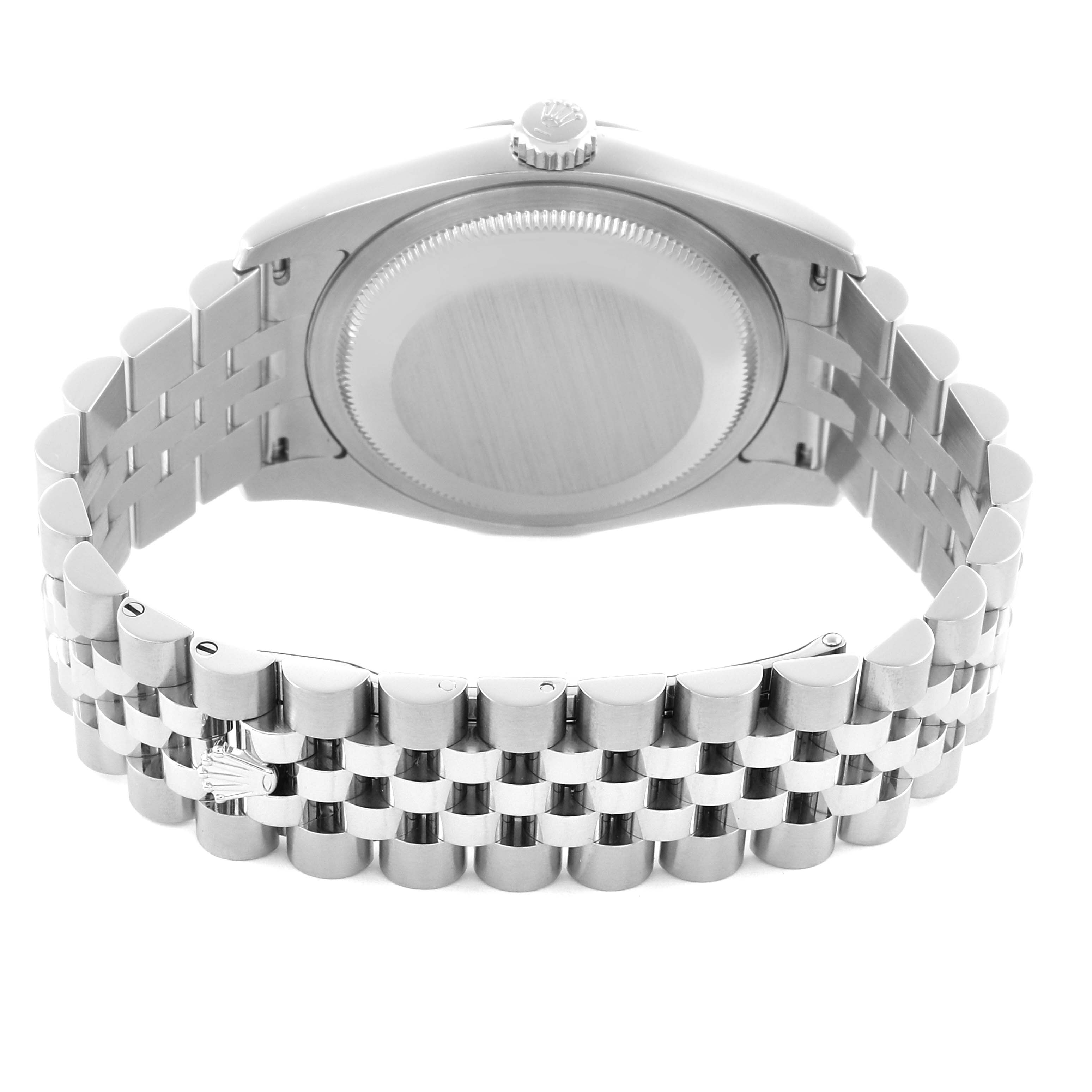 The image shows the back view of a Rolex Datejust 116234 Men's Stainless Steel Blue Dial 116234 Men's Stainless Steel Blue Dial watch, highlighting the case back and Jubilee bracelet.