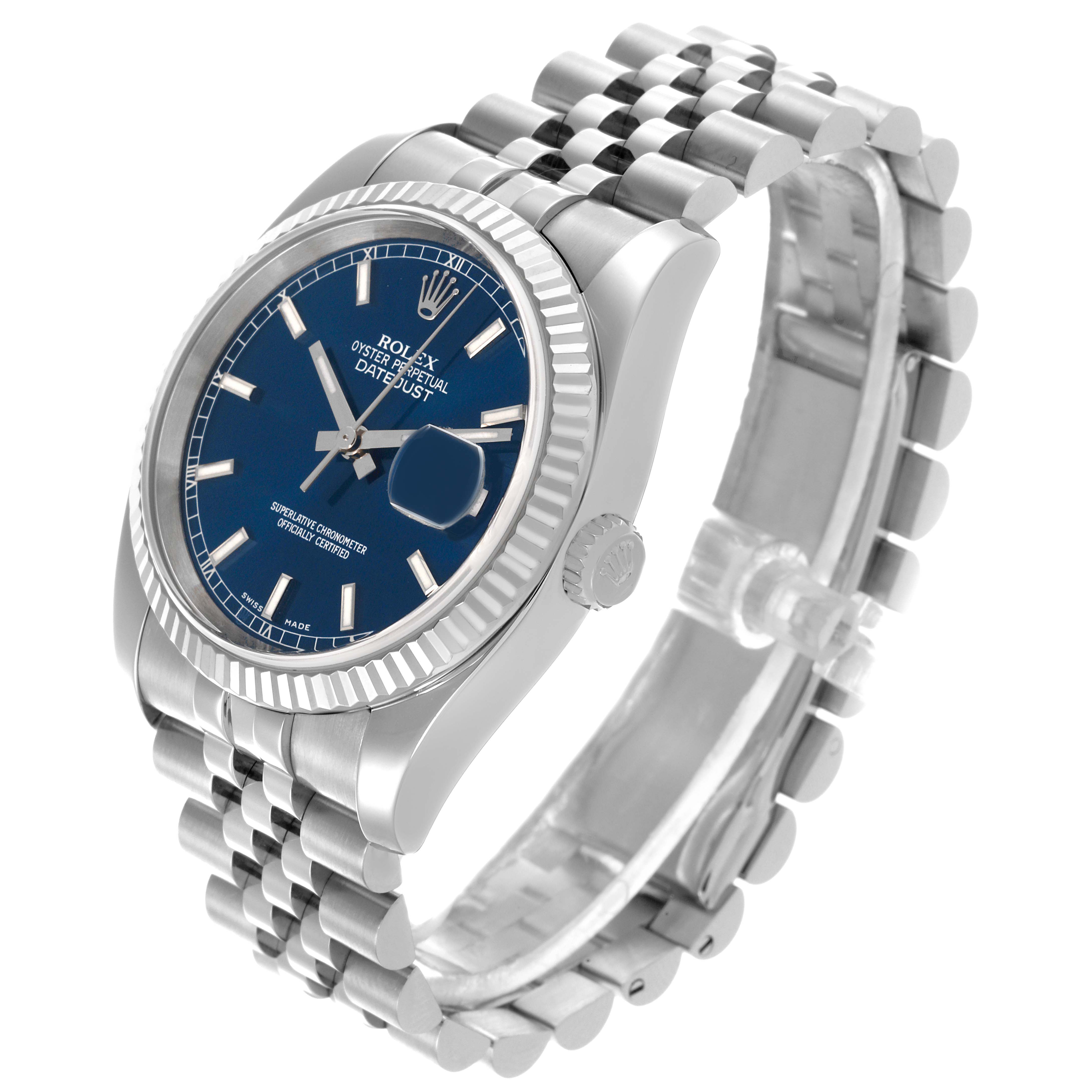 The Rolex Datejust 116234 Men's Stainless Steel Blue Dial 116234 Men's Stainless Steel Blue Dial watch is shown at an angled side view, displaying the dial, bezel, crown, and bracelet.