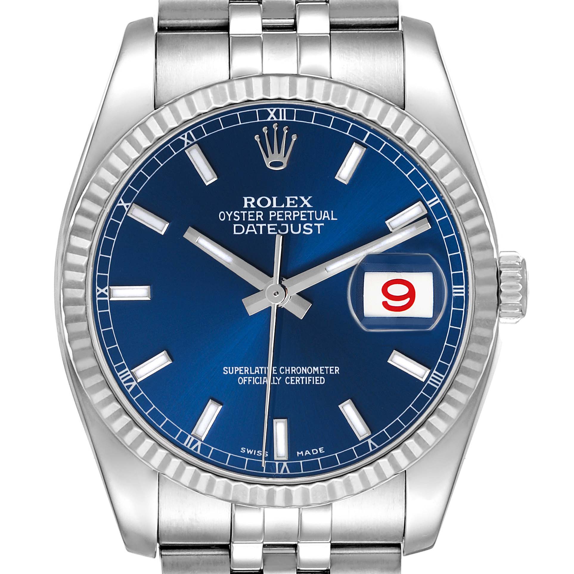The Rolex Datejust 116234 Men's Stainless Steel Blue Dial 116234 Men's Stainless Steel Blue Dial watch is shown from a front angle, highlighting the blue dial, fluted bezel, and bracelet.