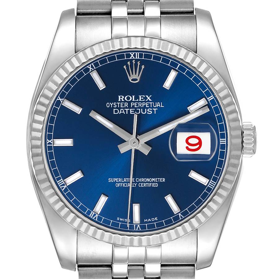 The Rolex Datejust watch is shown from a front angle, highlighting the blue dial, fluted bezel, and bracelet.