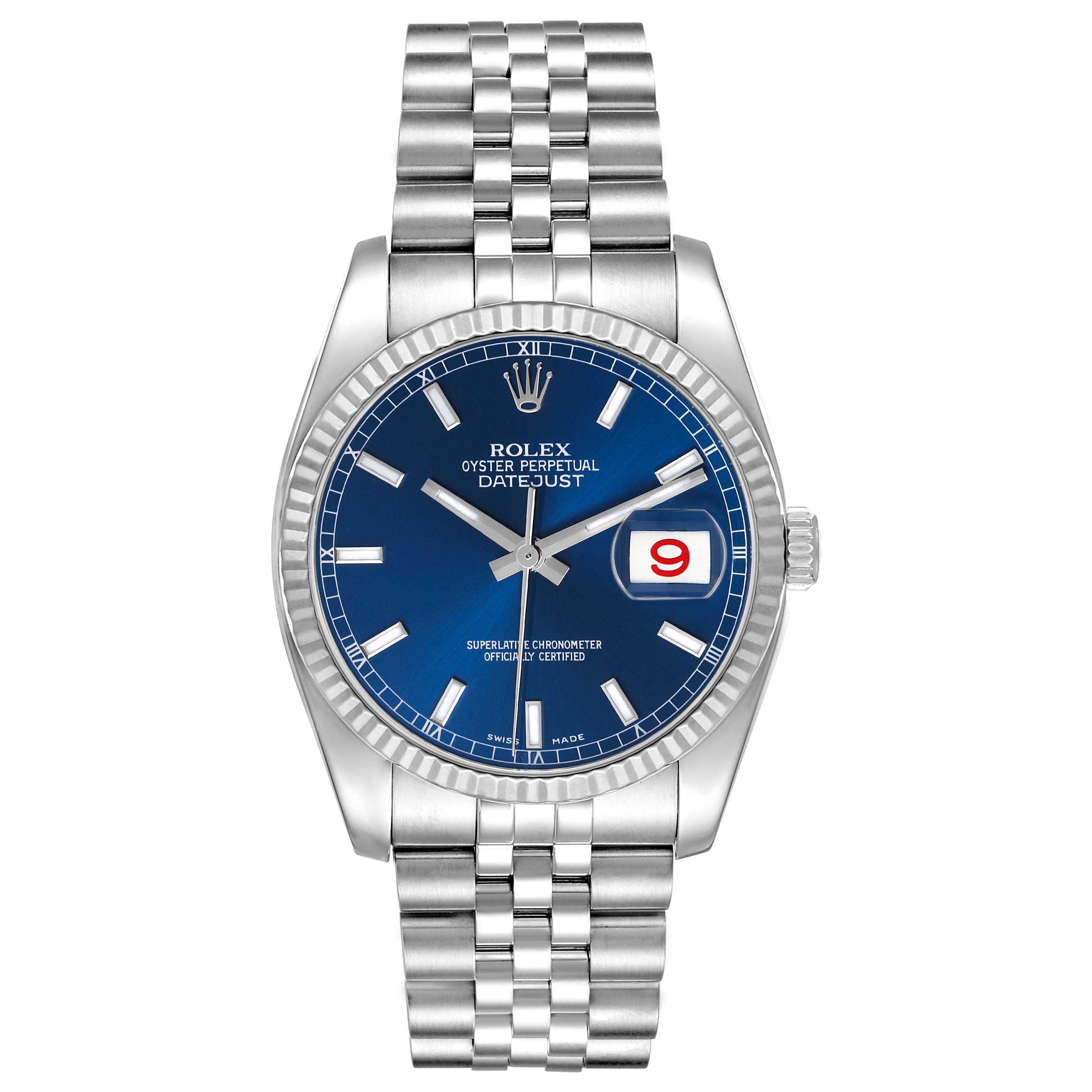 The Rolex Datejust 116234 Men's Stainless Steel Blue Dial 116234 Men's Stainless Steel Blue Dial watch is shown from the front, displaying the dial, bracelet, hands, and date window.