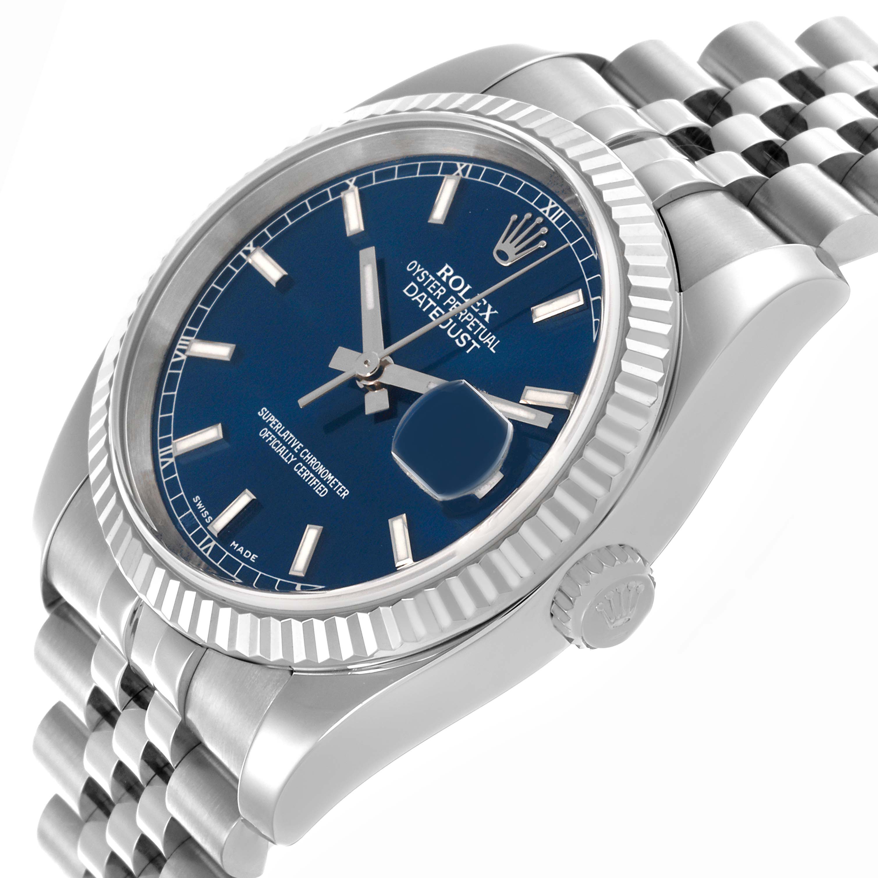 The image shows a Rolex Datejust 116234 Men's Stainless Steel Blue Dial 116234 Men's Stainless Steel Blue Dial watch at a three-quarter angle, highlighting the dial, bezel, case, and part of the bracelet.
