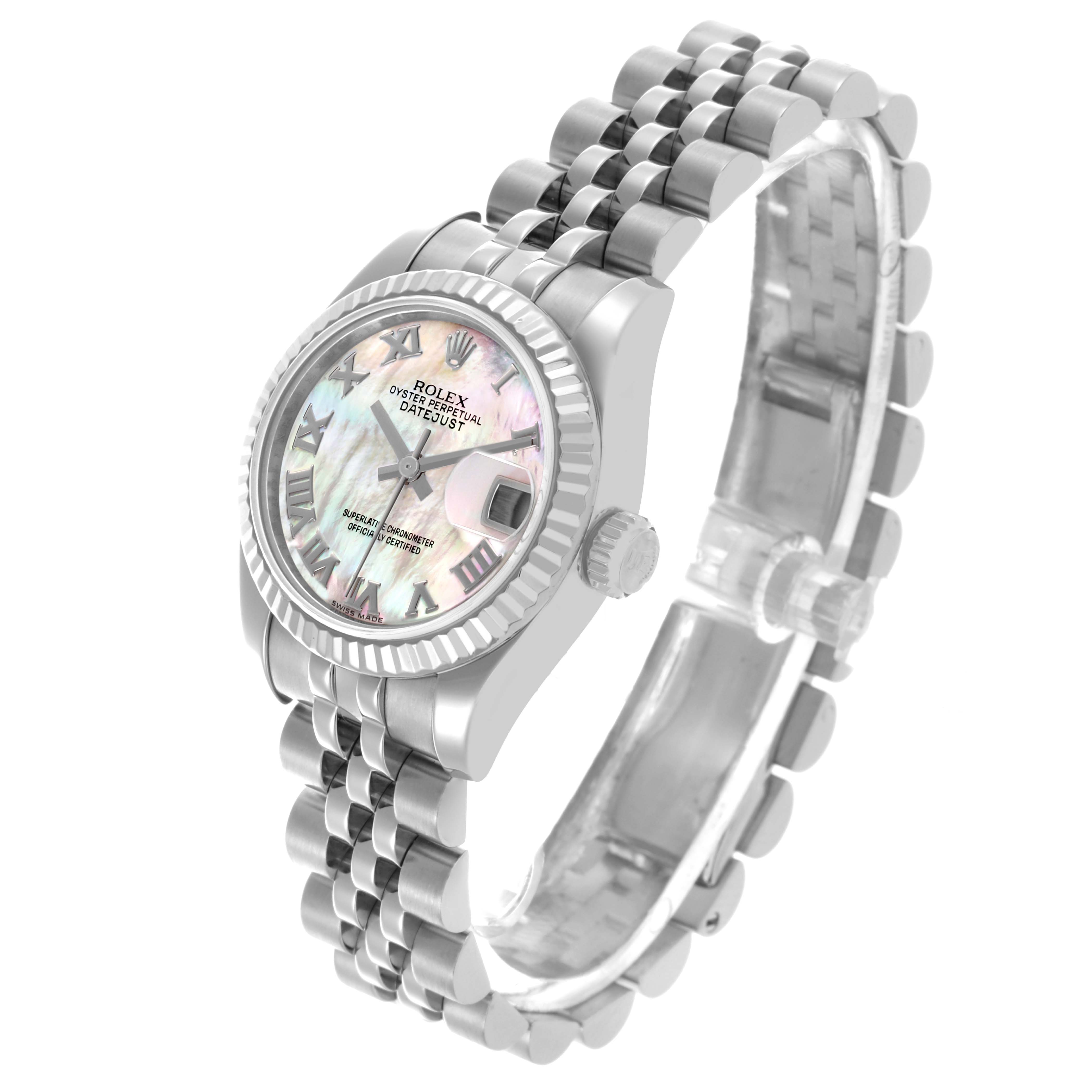 The Rolex Datejust 179174 Women's Stainless Steel Mother of Pearl Dial 179174 Women's Stainless Steel Mother of Pearl Dial watch is shown at a three-quarter angle, highlighting the face, bezel, bracelet, and crown.